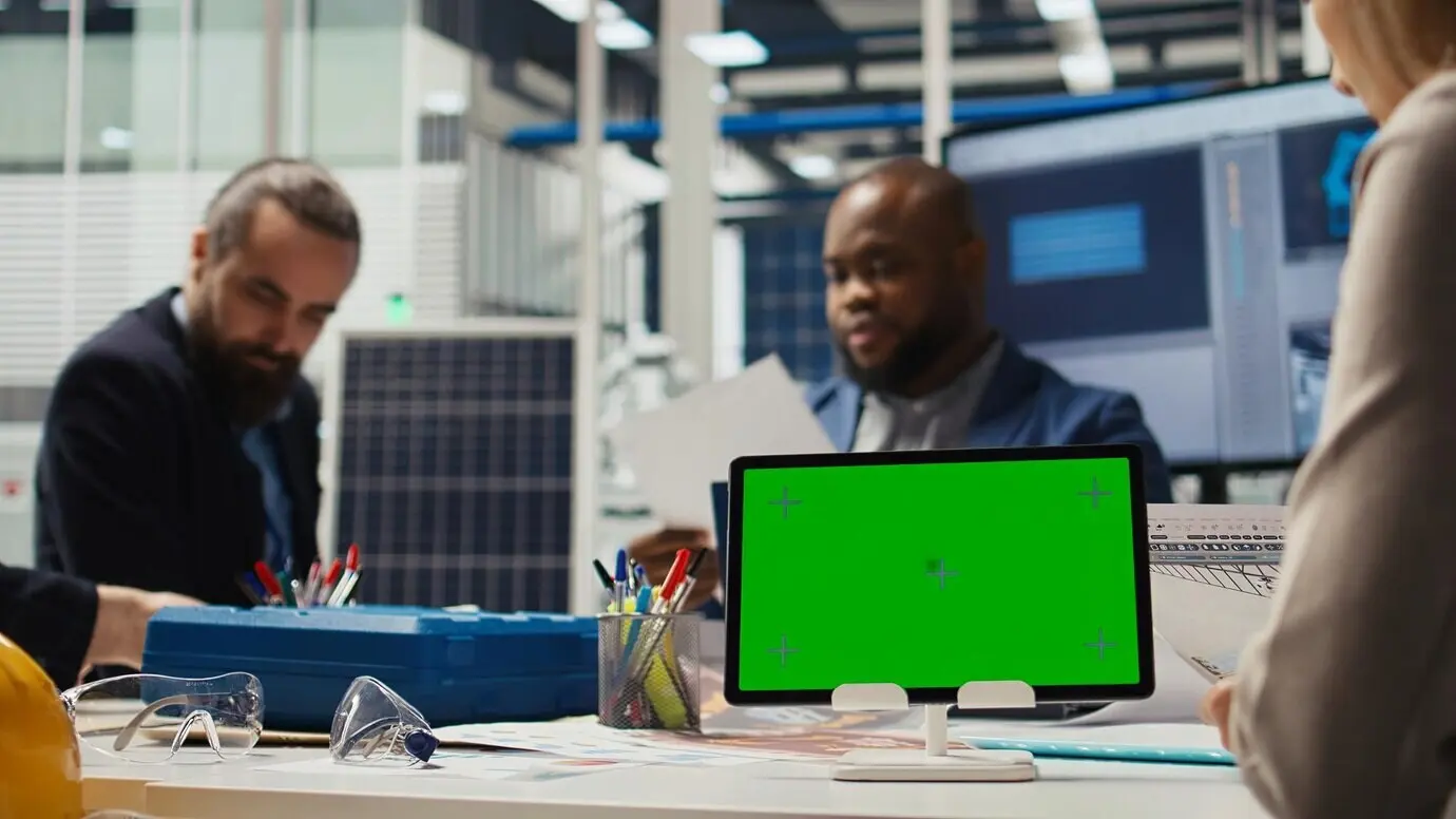 Anteilseigner in einer Photovoltaikanlage analysieren Markttrends auf einem Mockup-Tablet.