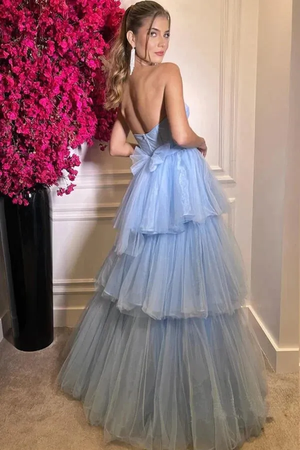 A-line Beautiful Blue Tiered Tulle Sweetheart Floor Length Prom Dresses,BD930723