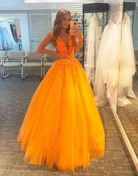 A-Line Deep Long V-neck Prom Dresses with Appliques,BD930620