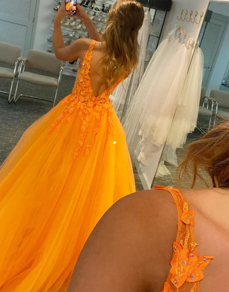 A-Line Deep V-neck Tulle Orange Prom Dresses,BD930686