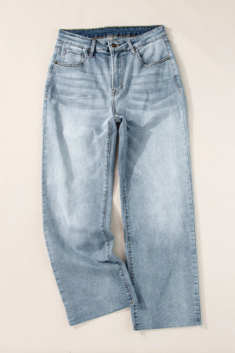 Acid Wash Raw Edge Straight Jeans