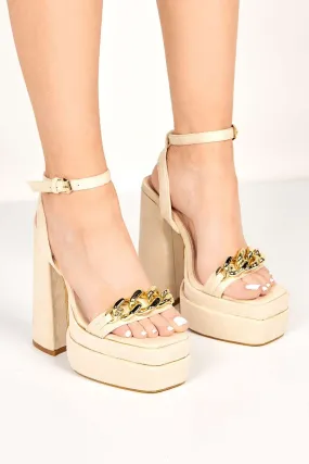 Aden Chain Detail Band Platform Block Heel Sandal in Cream Suede