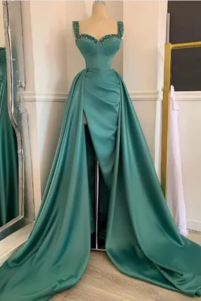 Affordable Green Satin Slit Long Prom Dress,BD93045