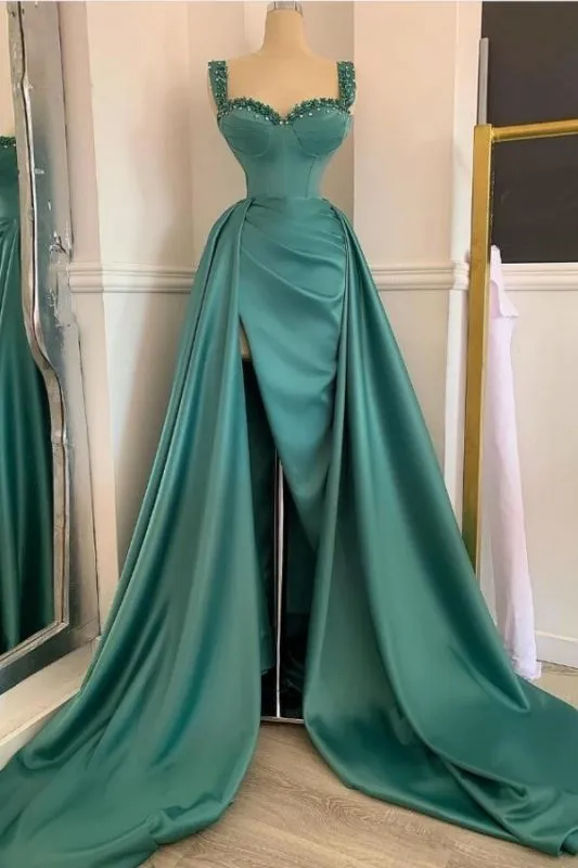 Affordable Green Satin Slit Long Prom Dress,BD93045