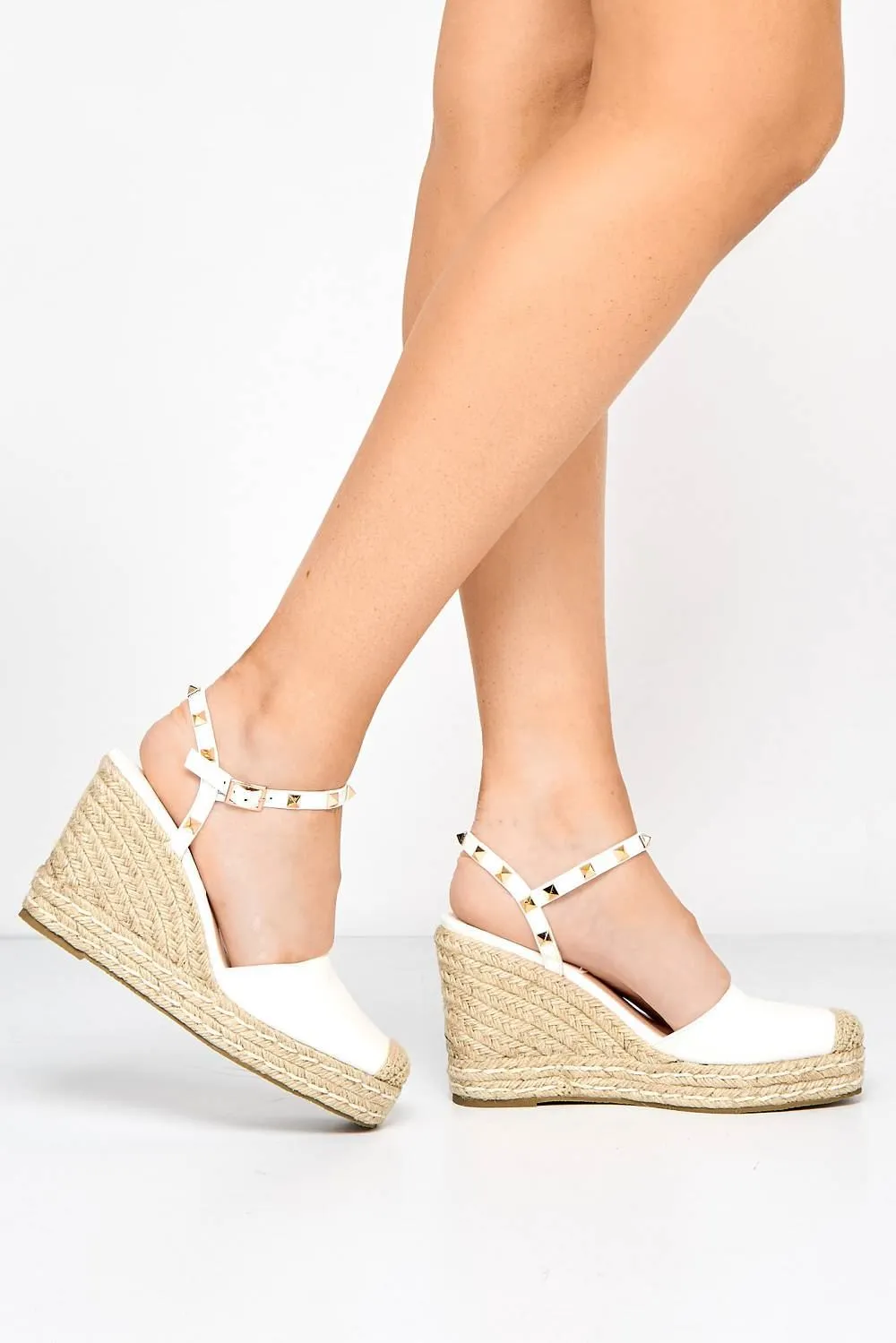 Alala Round Toe Studded Anklestrap Espadrille Wedge in White