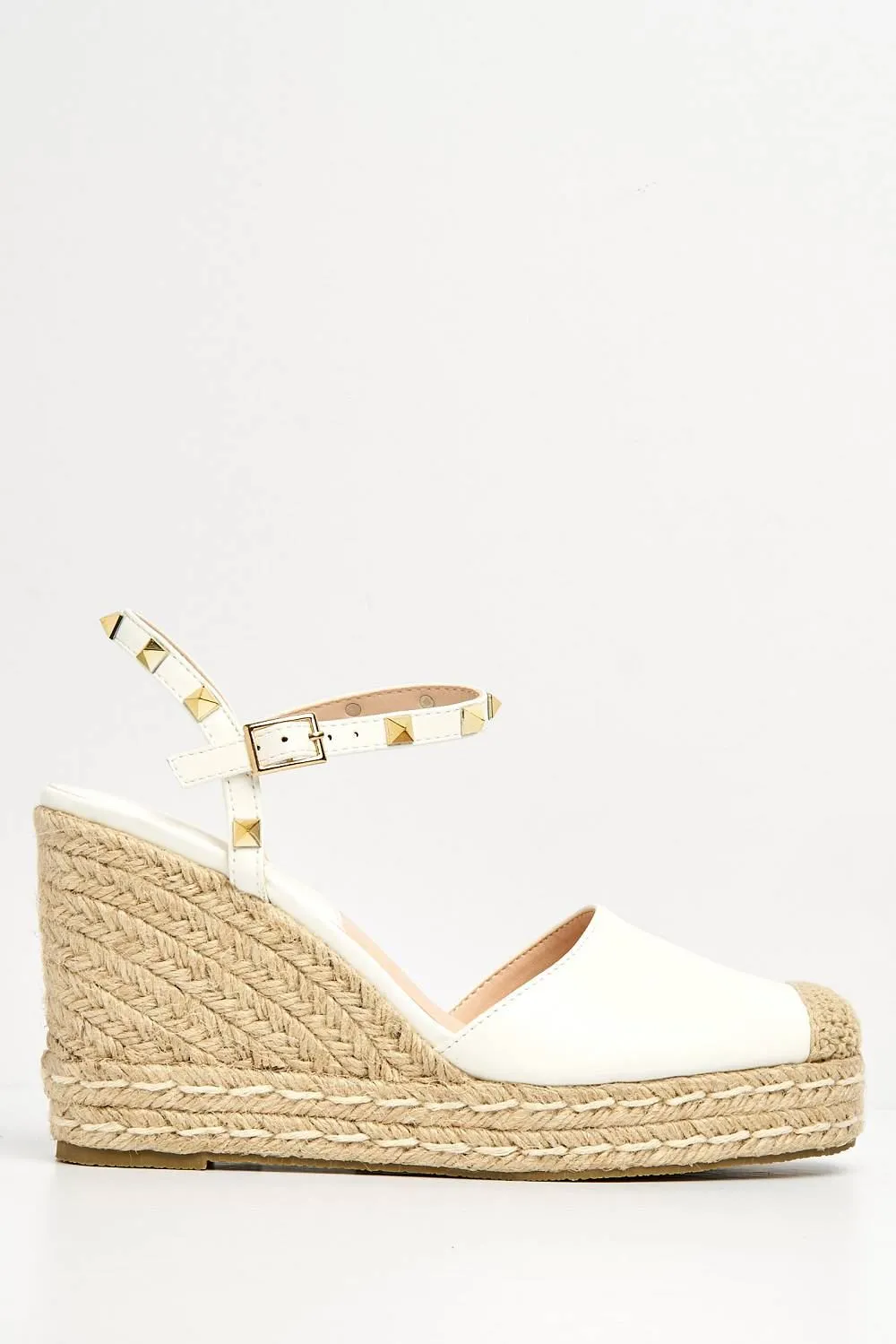 Alala Round Toe Studded Anklestrap Espadrille Wedge in White