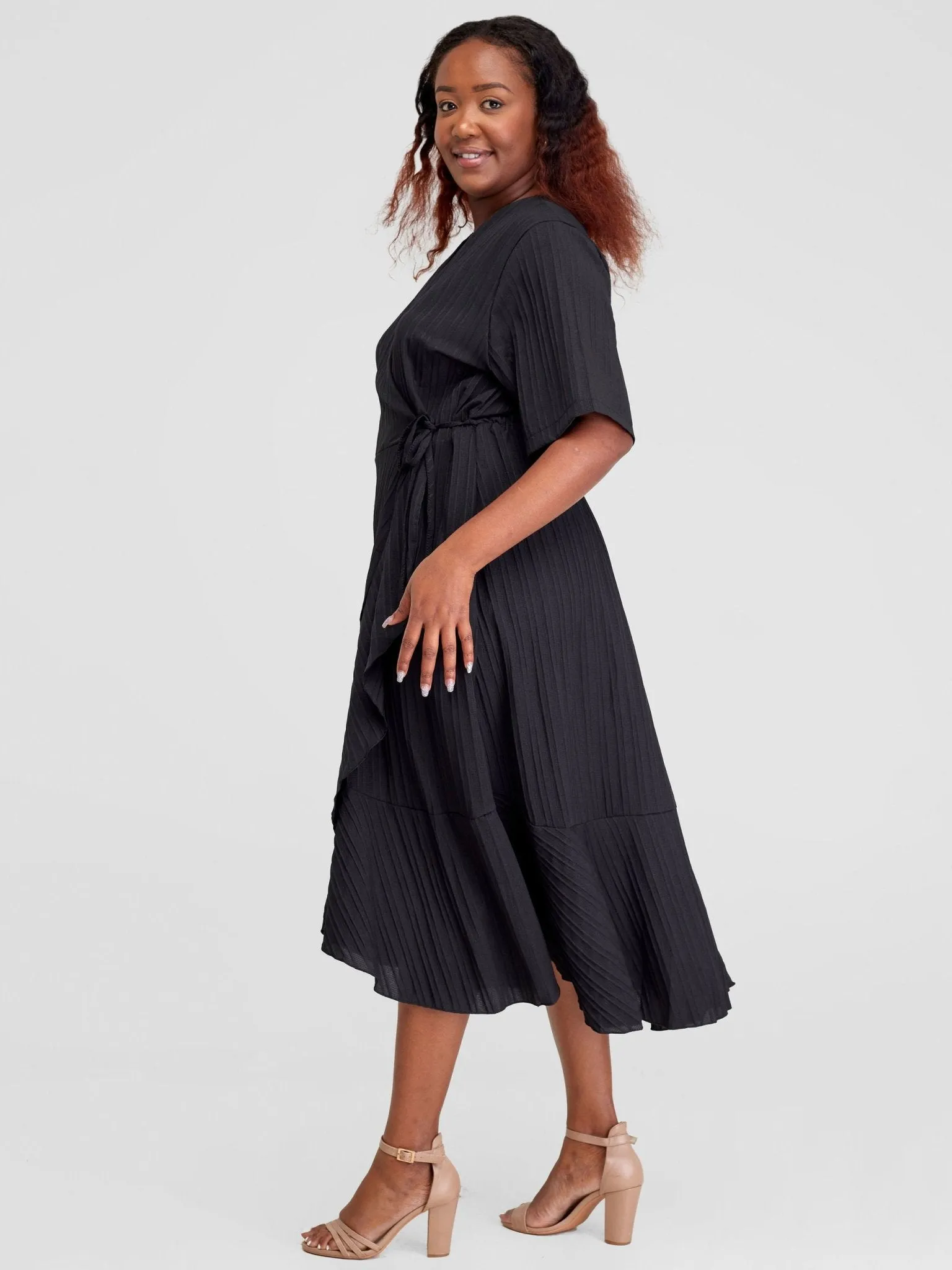 Alara Ruffle Trim Tie Side Wrap Dress - Black