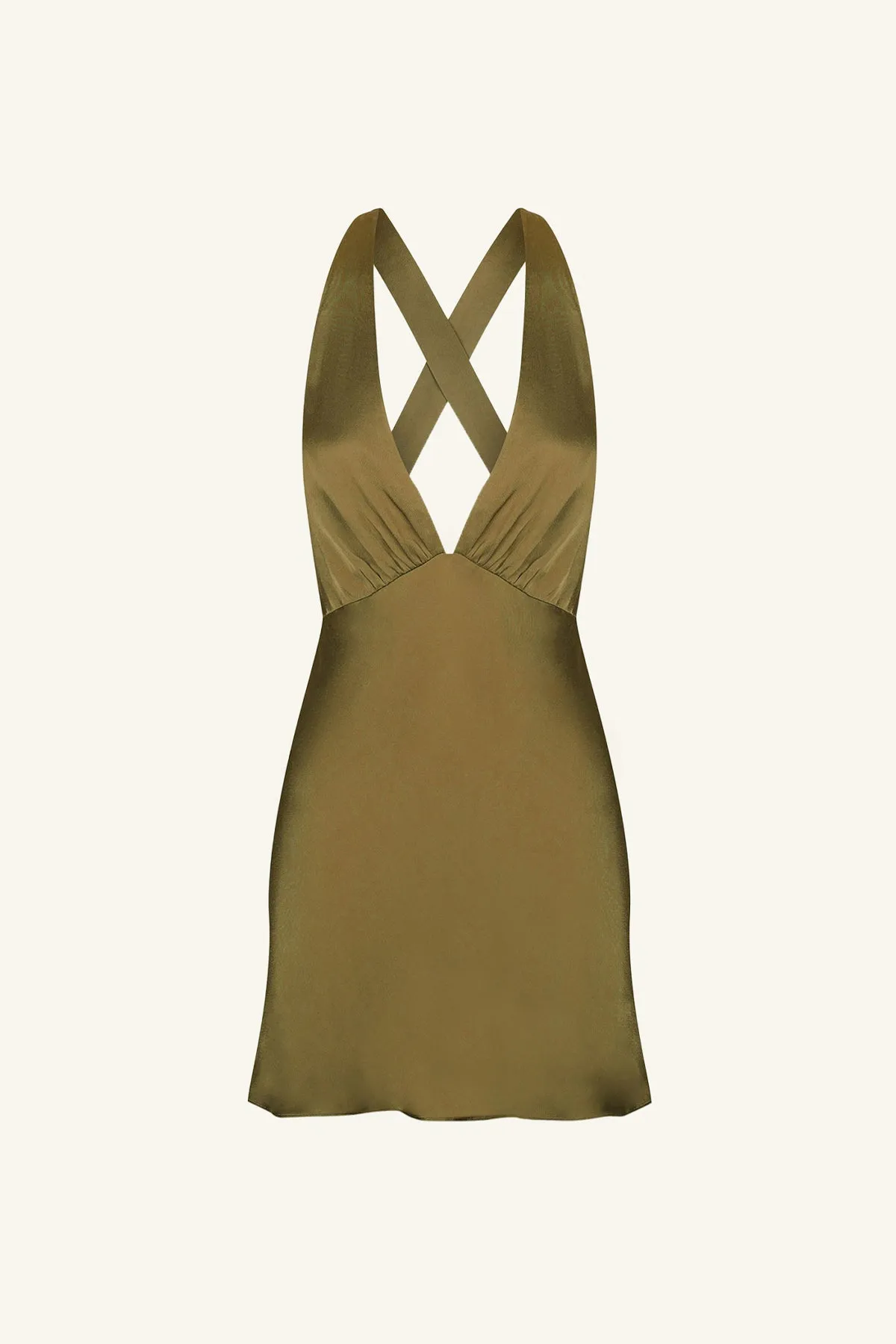 ARIENZO PLUNGED CROSS BACK MINI DRESS - GREEN OLIVE