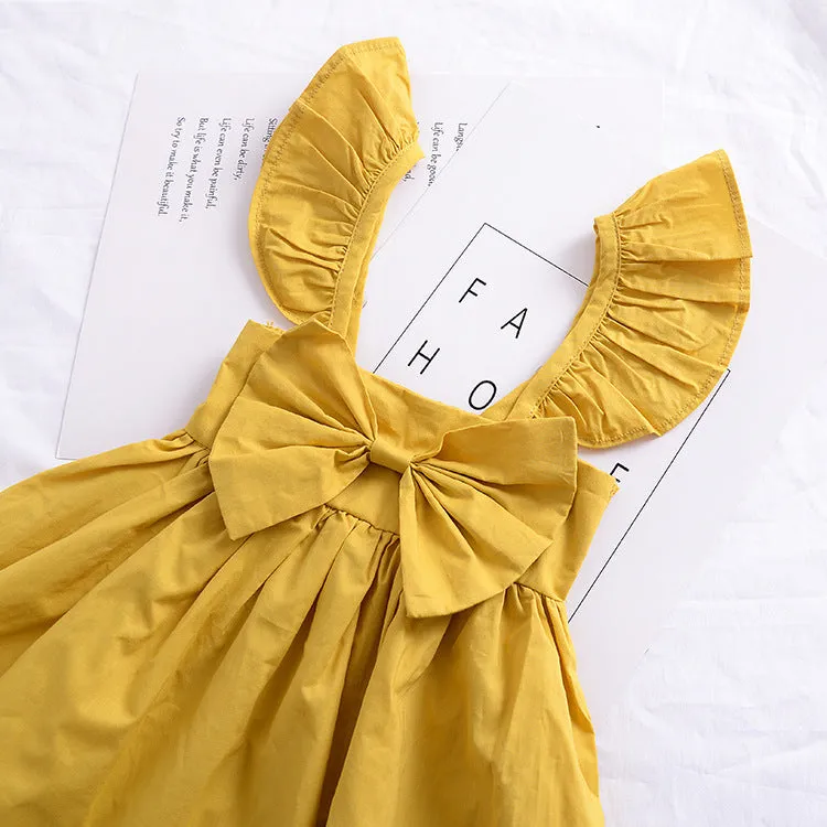 Baby Girl Dress Summer Girls Puff Sleeve Yellow Pink Bow Dress Boho