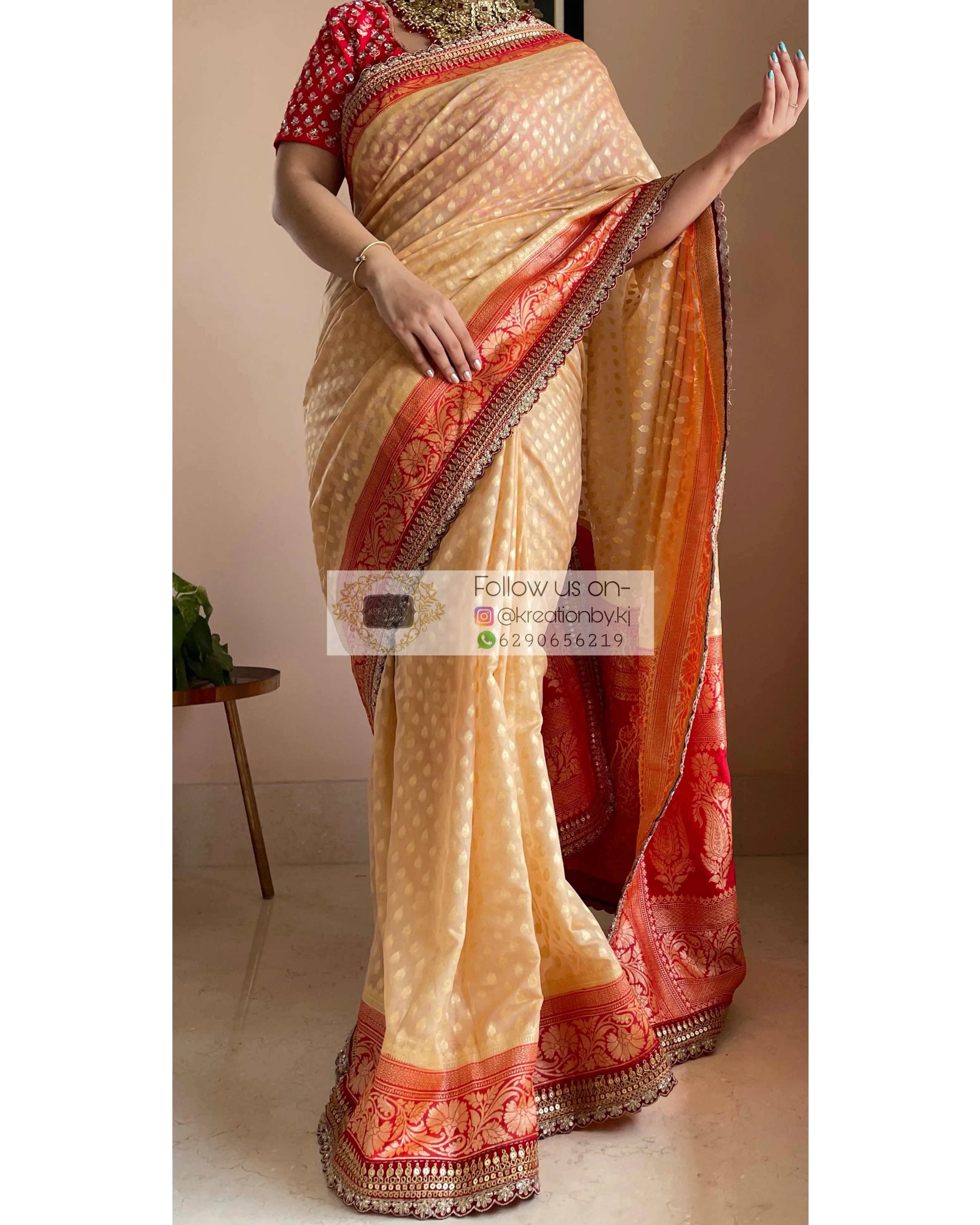 Beige Banarasi Georgette Saree with Red Border