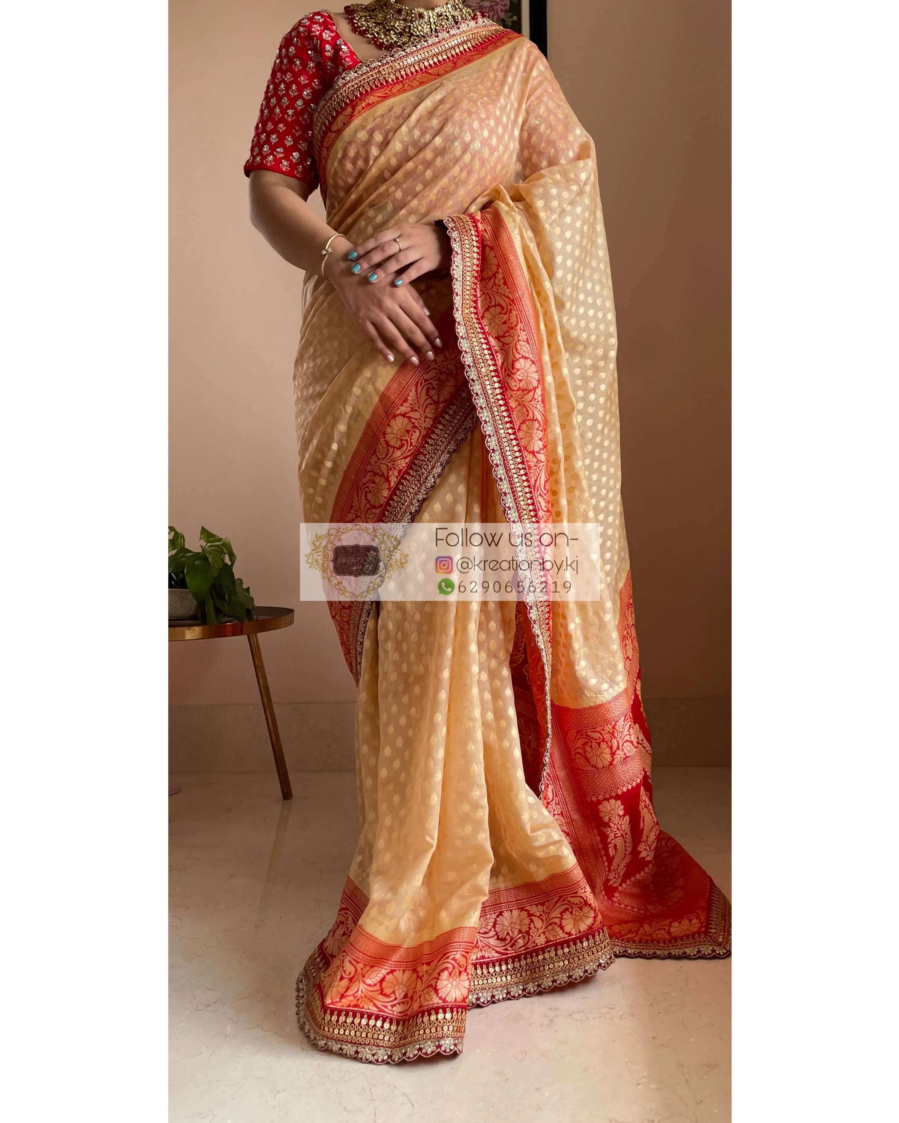 Beige Banarasi Georgette Saree with Red Border