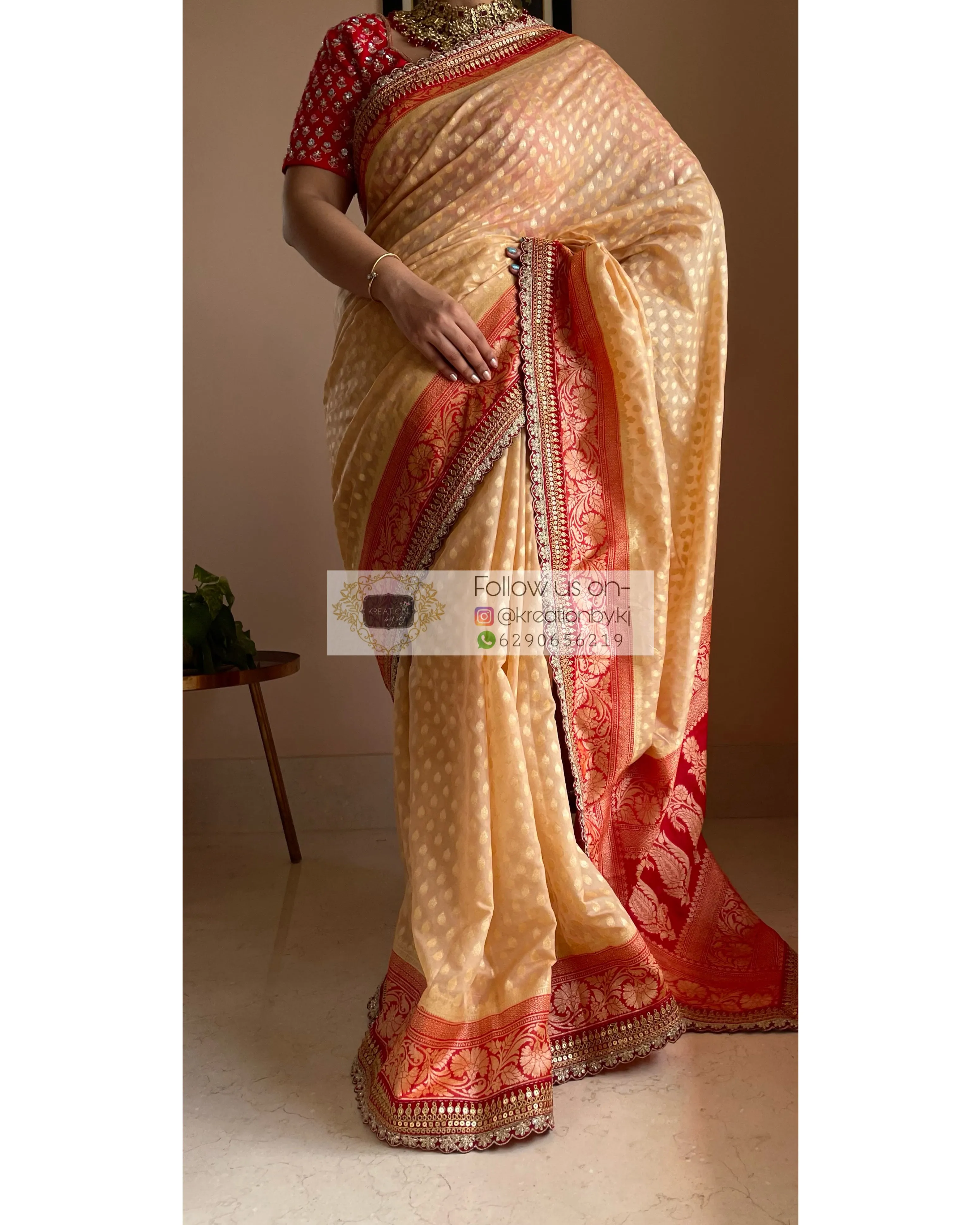 Beige Banarasi Georgette Saree with Red Border