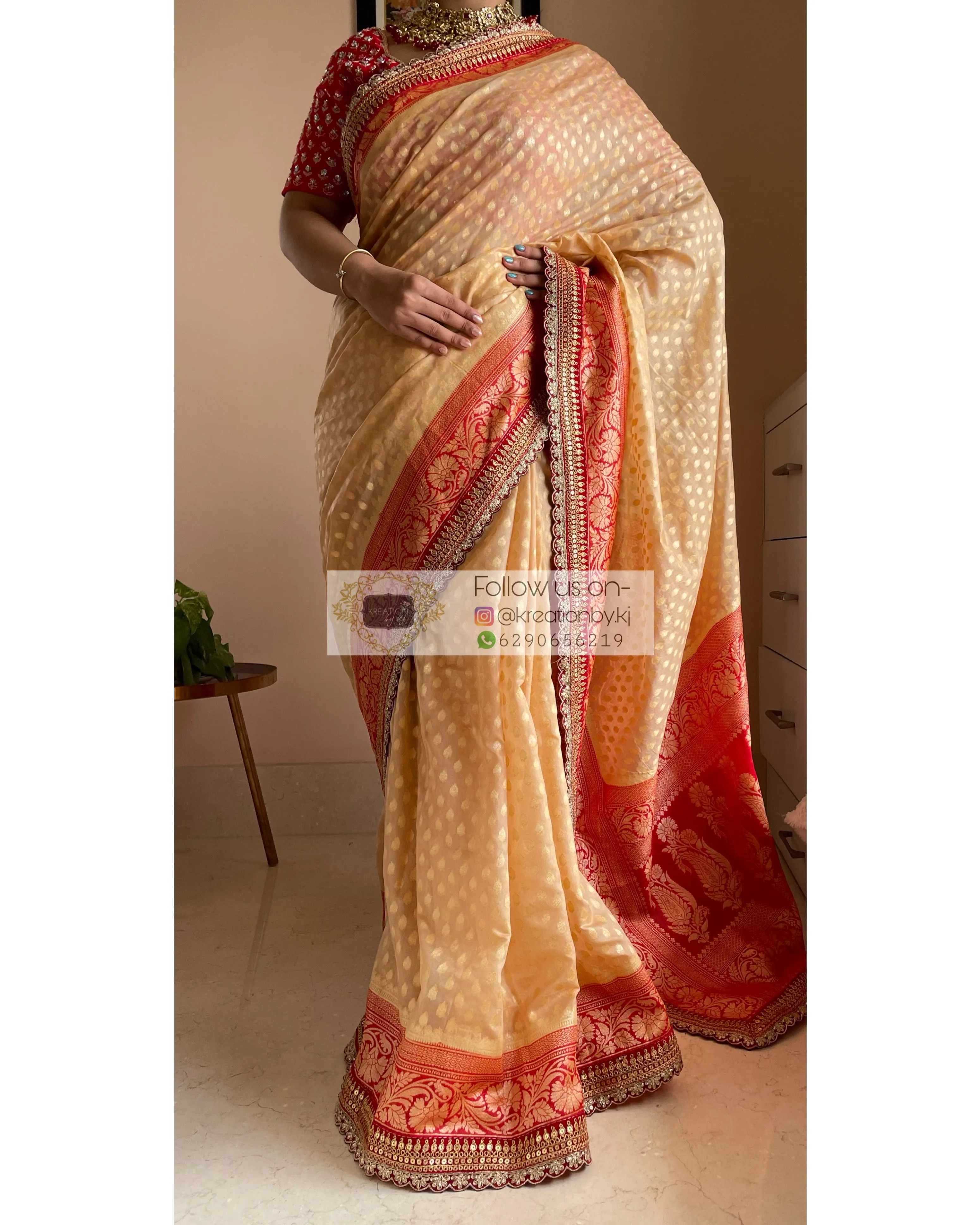 Beige Banarasi Georgette Saree with Red Border