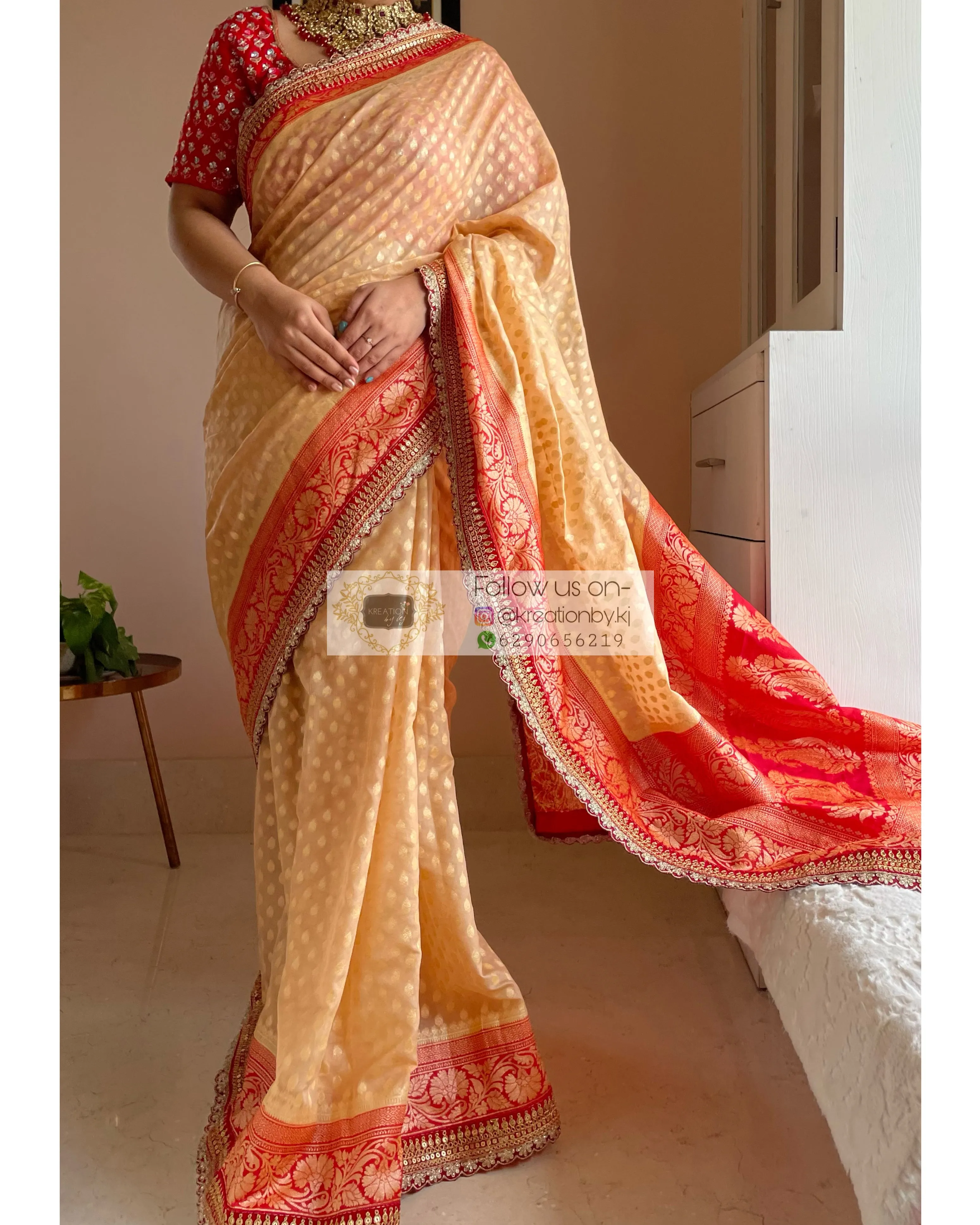 Beige Banarasi Georgette Saree with Red Border