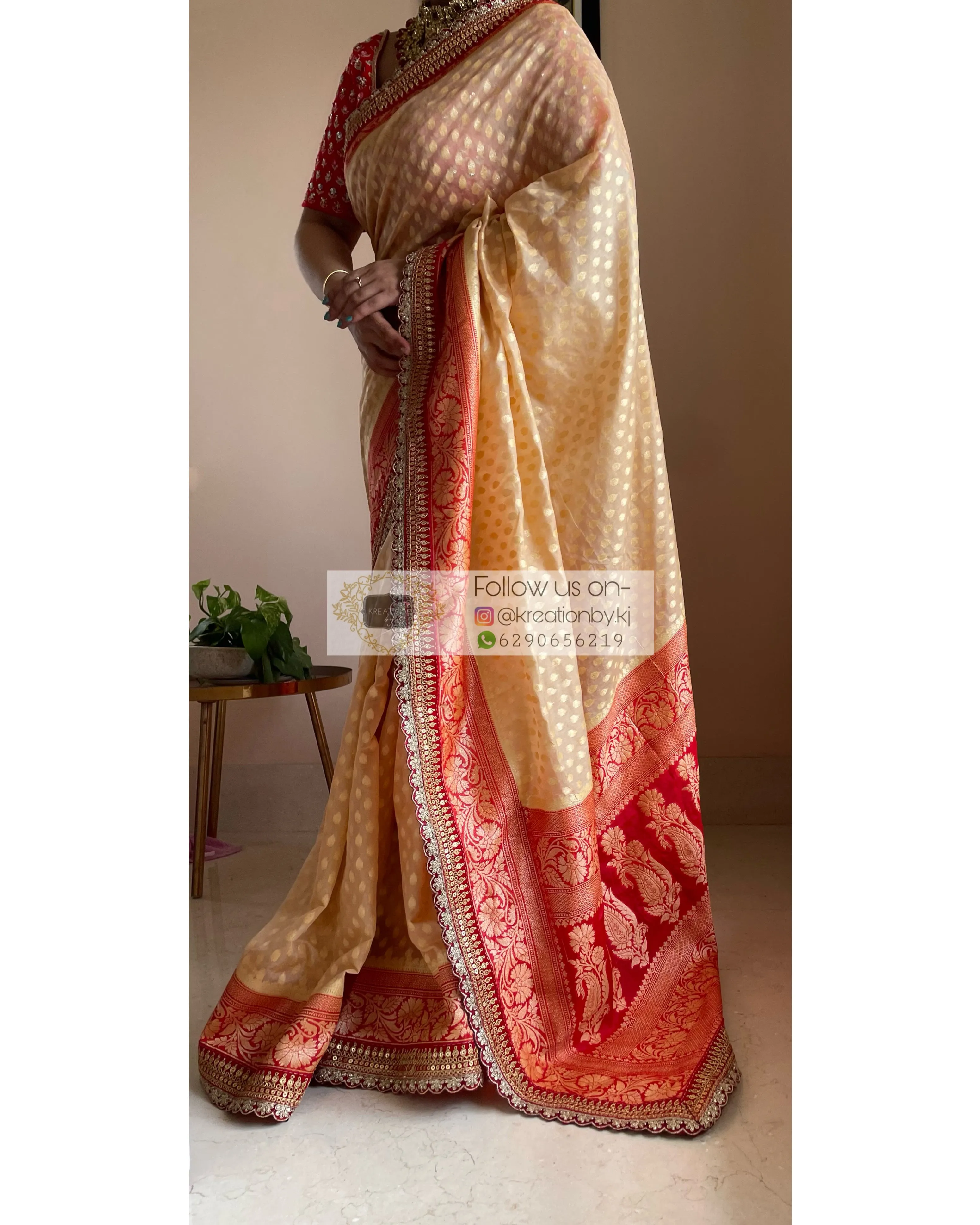 Beige Banarasi Georgette Saree with Red Border