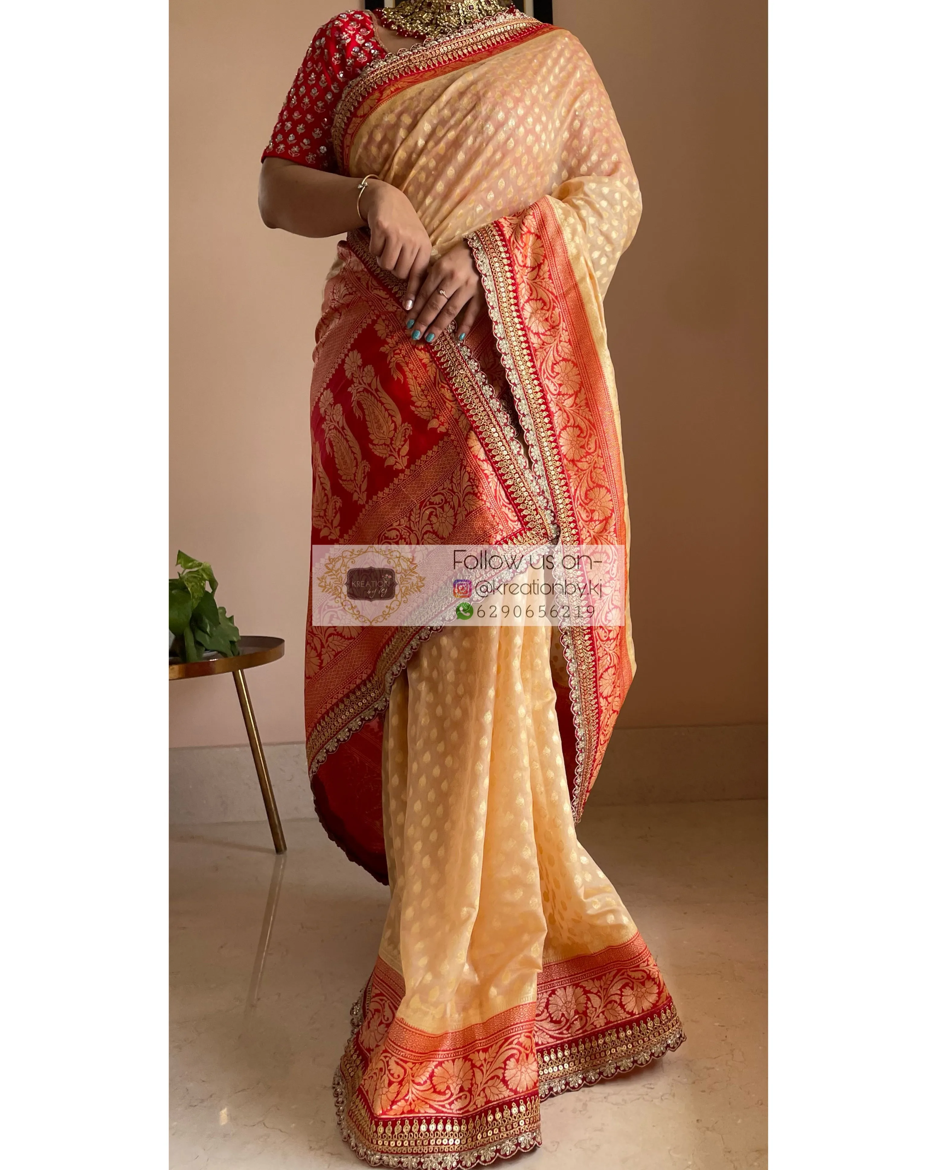 Beige Banarasi Georgette Saree with Red Border