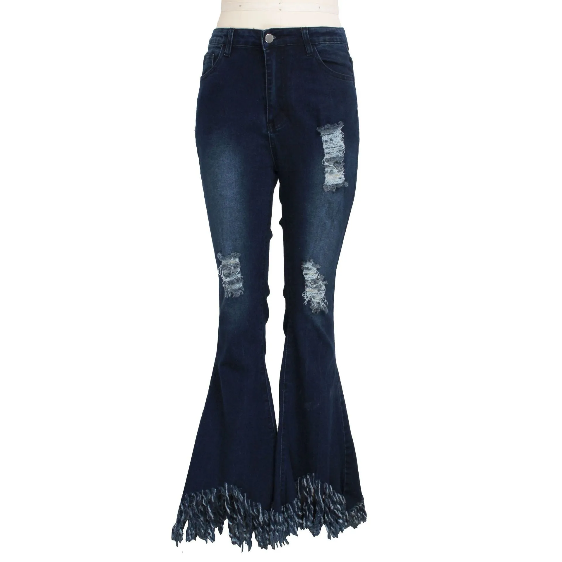 Bell Bottom Jeans Faded Denim High Waist Flare Pants Ripped Holes Destroyed Fringed Hem Boho Festival Hippie Available In Dark Wash & Black Too! Small Medium Large Extra Large XL XXL 2X XXXL 3X Plus Size