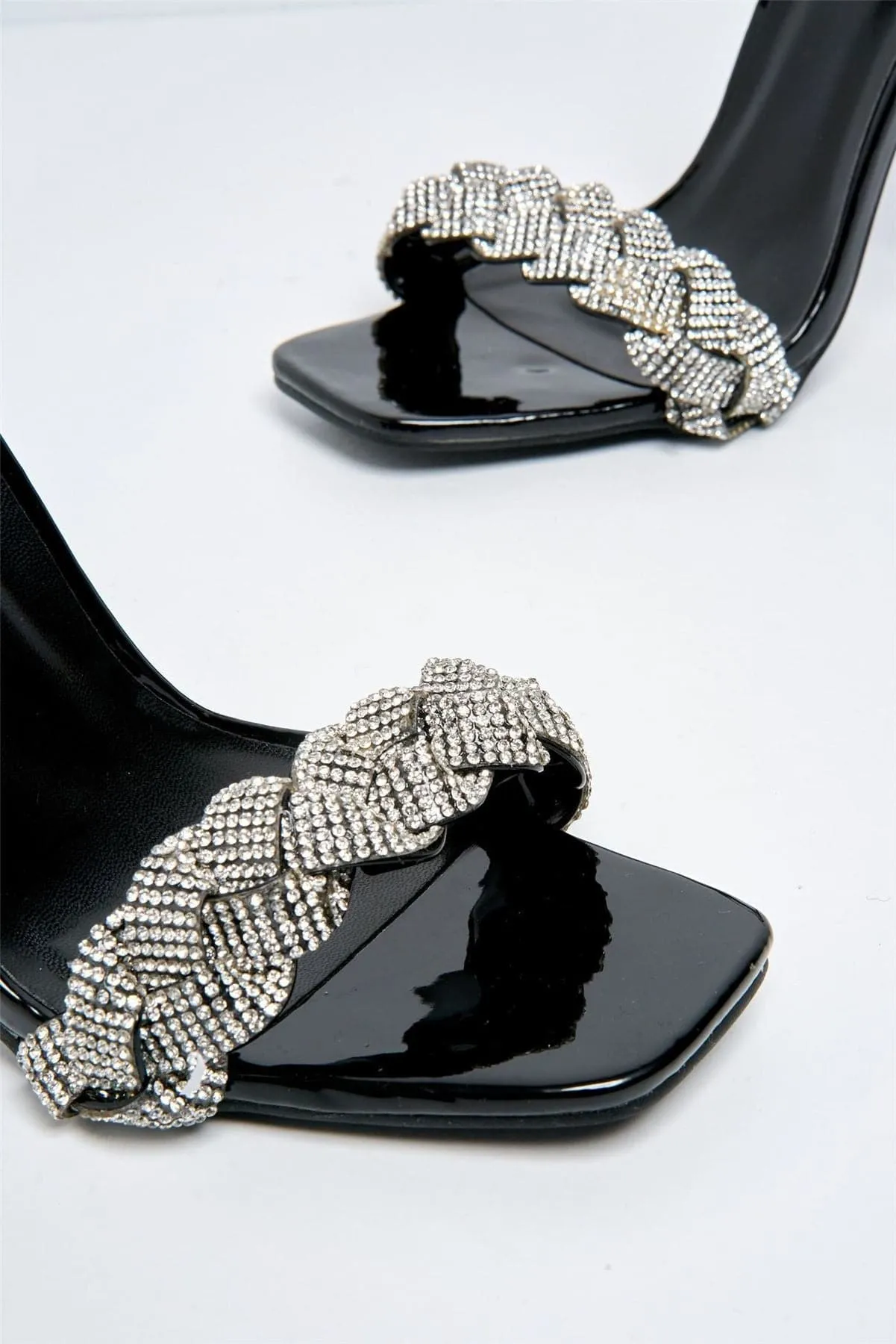 Belle Plaited Diamante Band Anklestrap Sandal in Black