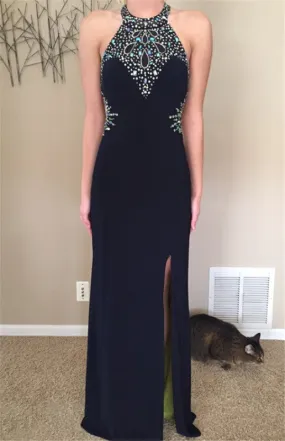 black evening Dress,long Prom Dress,beaded prom dress,side slit prom dress,backless evening dress,BD2969