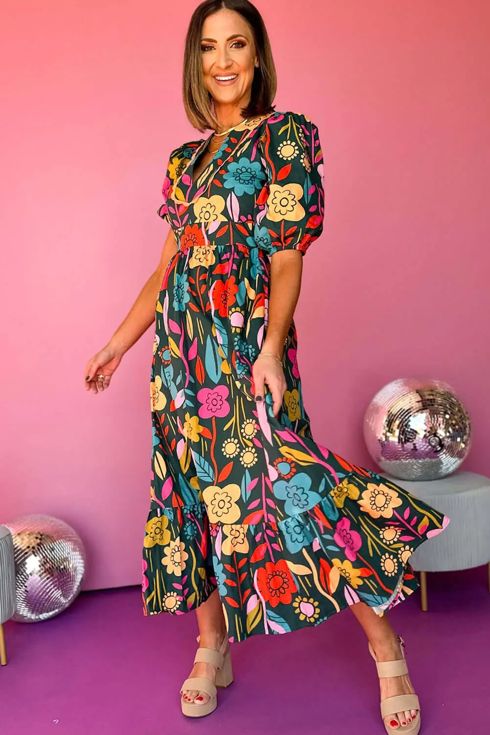 Blossom Beauty: Split V Neck Maxi Dress with Puff Sleeves