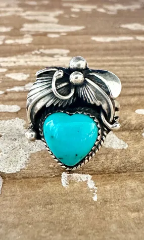 BLUE CORAZON J. Piaso Jr Sterling Silver & Turquoise Flower Heart Ring  Size 7 1/4