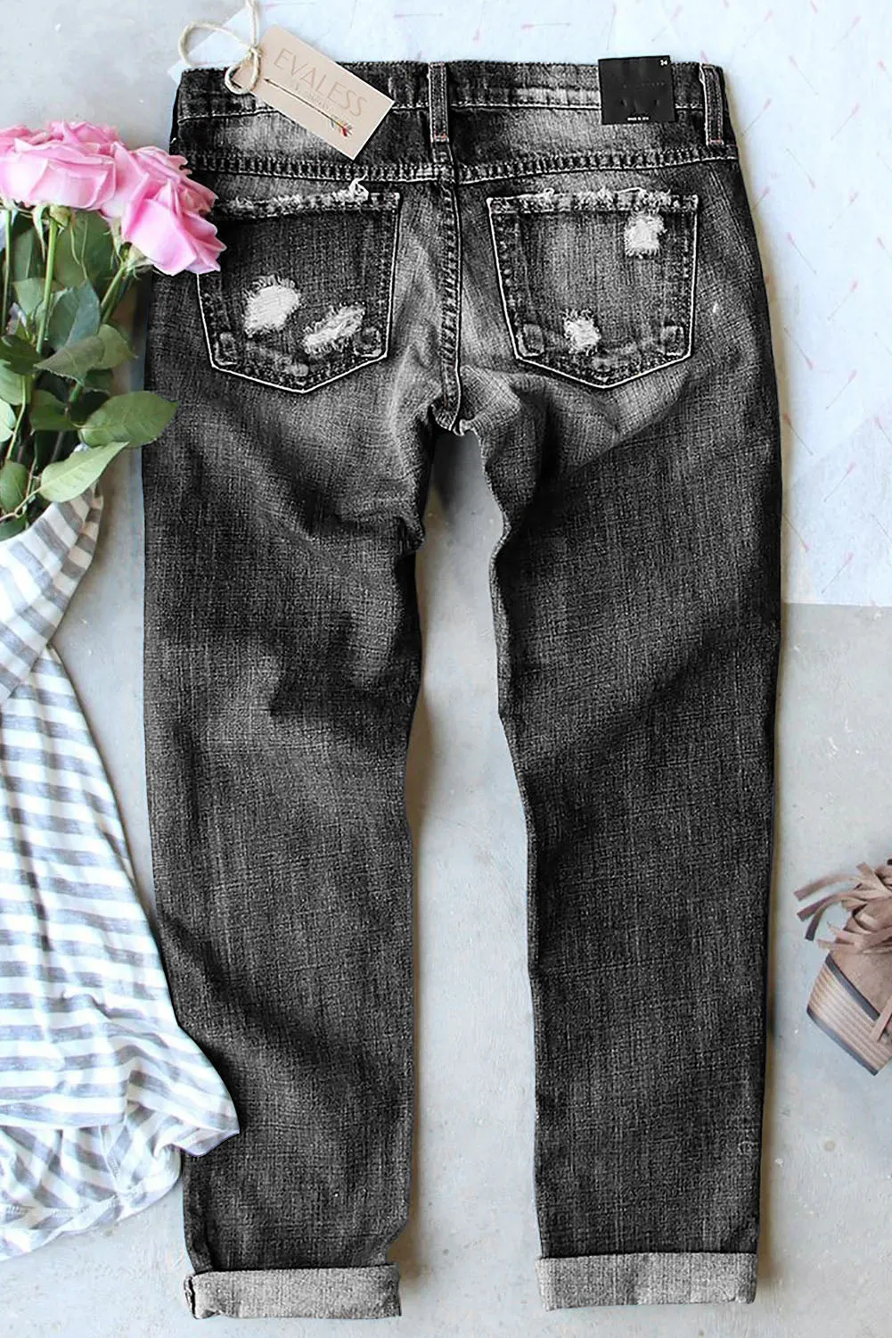 Butterfly Glitter Denim Pants Patchwork Acid Wash Distressed Jeans