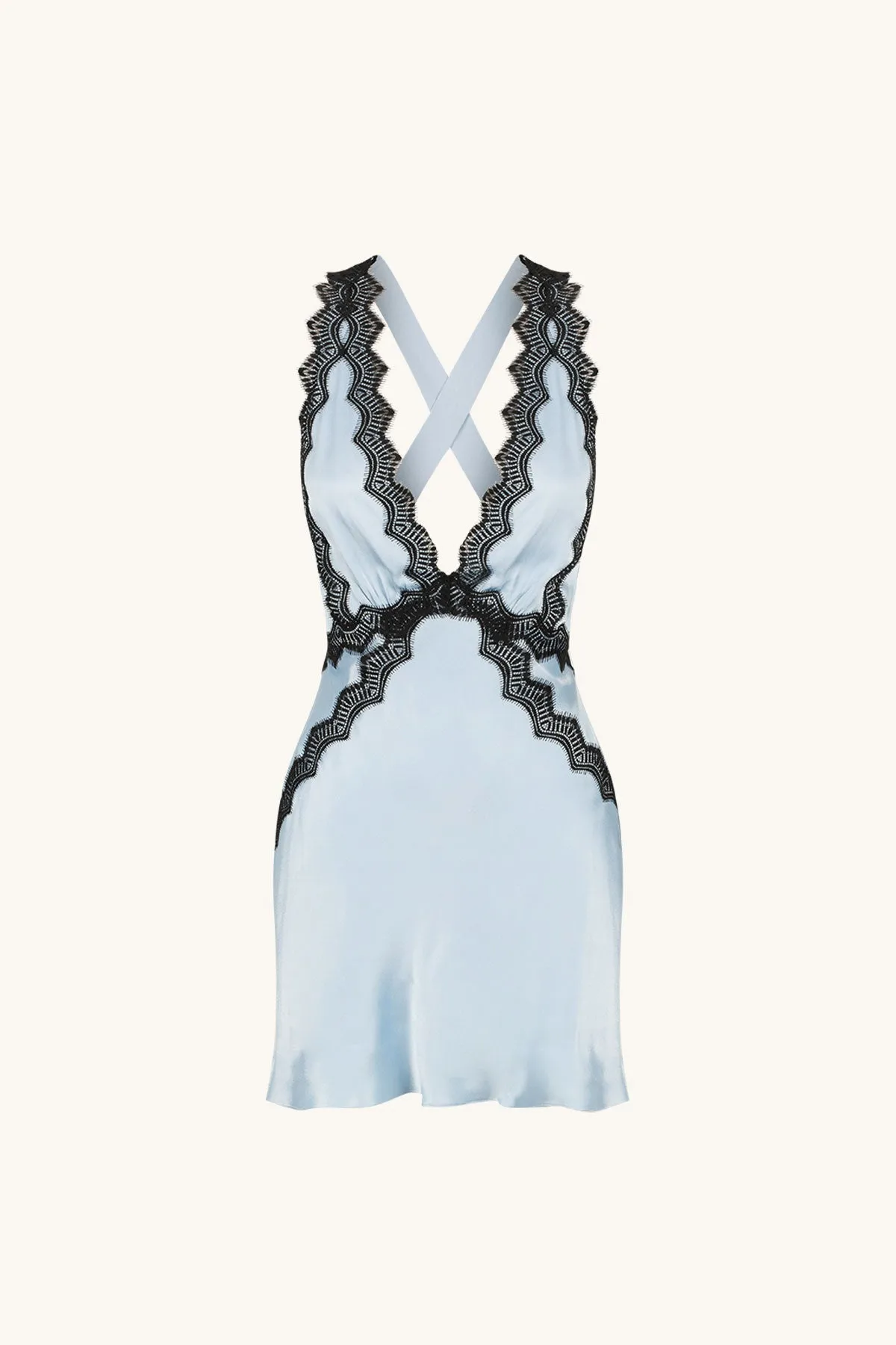 CAMILLE LACE CROSS BACK MINI DRESS - COOL BLUE/BLACK