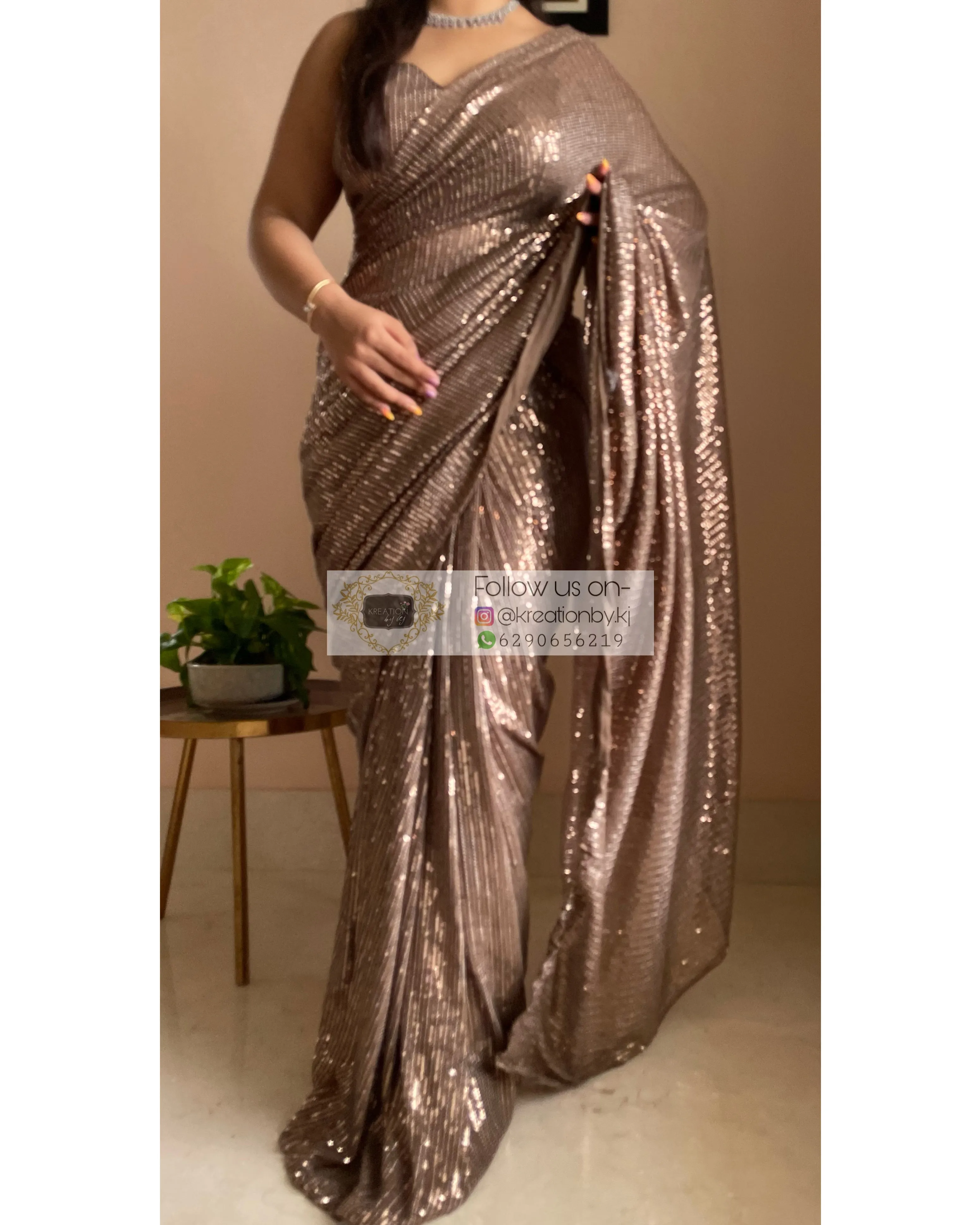 Chocolate Brown Sequins Saree