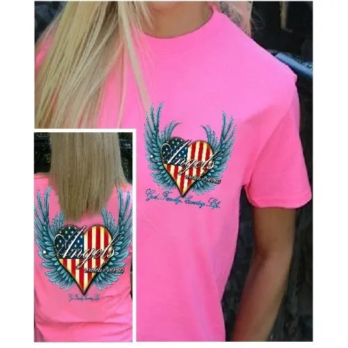 Country Life Outfitters Angel Pink USA Heart American Flag Wings Vintage Girlie Bright T Shirt