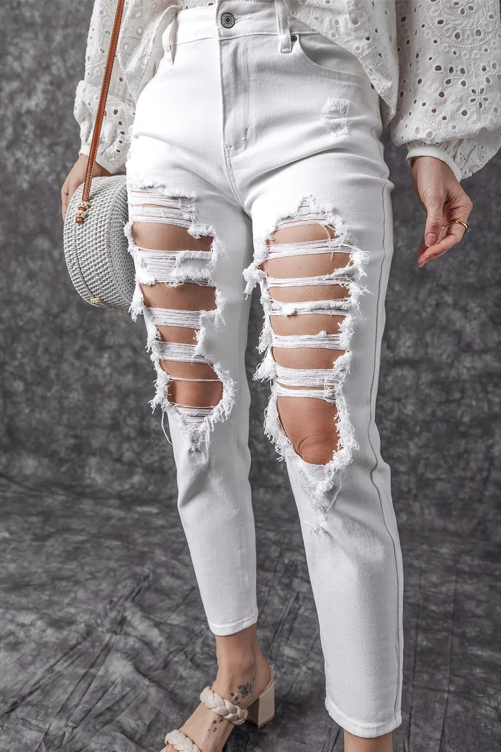 Distressed Ripped Holes High Waist Jeans