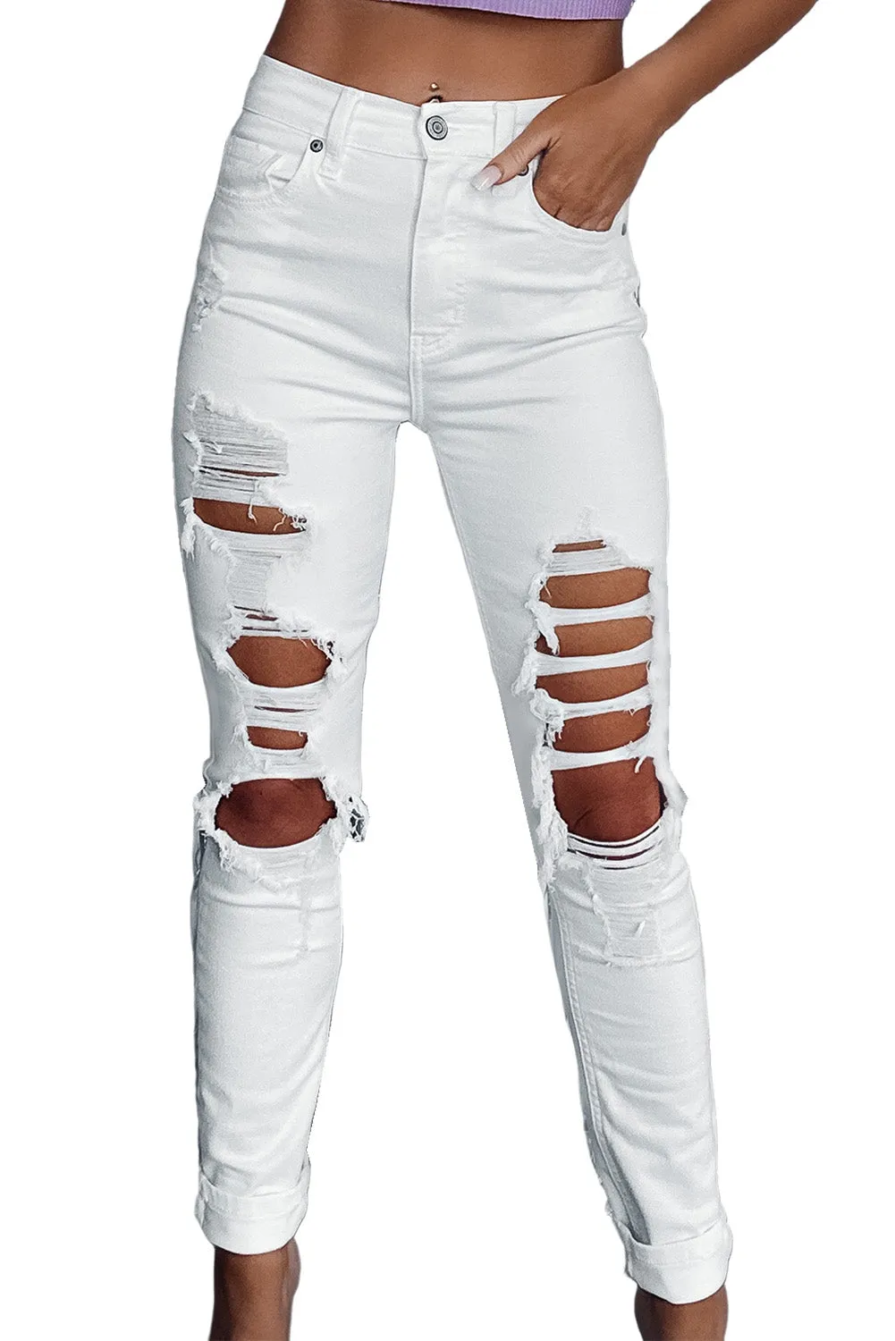 Distressed Ripped Holes High Waist Jeans