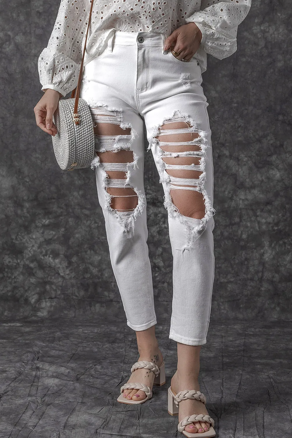 Distressed Ripped Holes High Waist Jeans