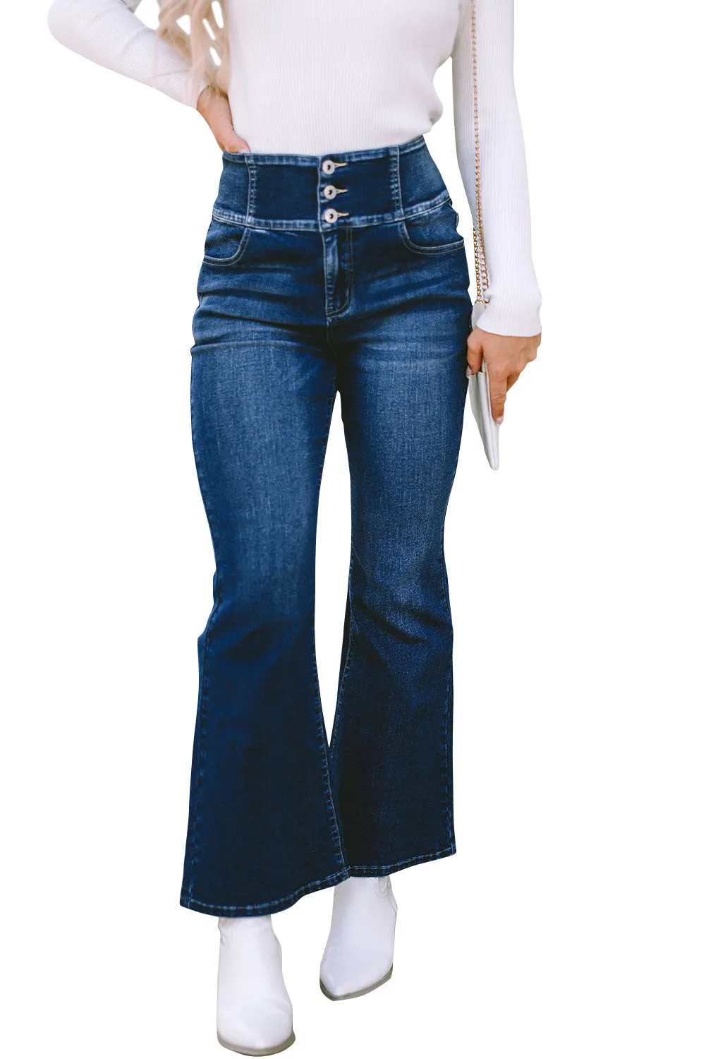 Elastic Wide Waistband Flare Jeans