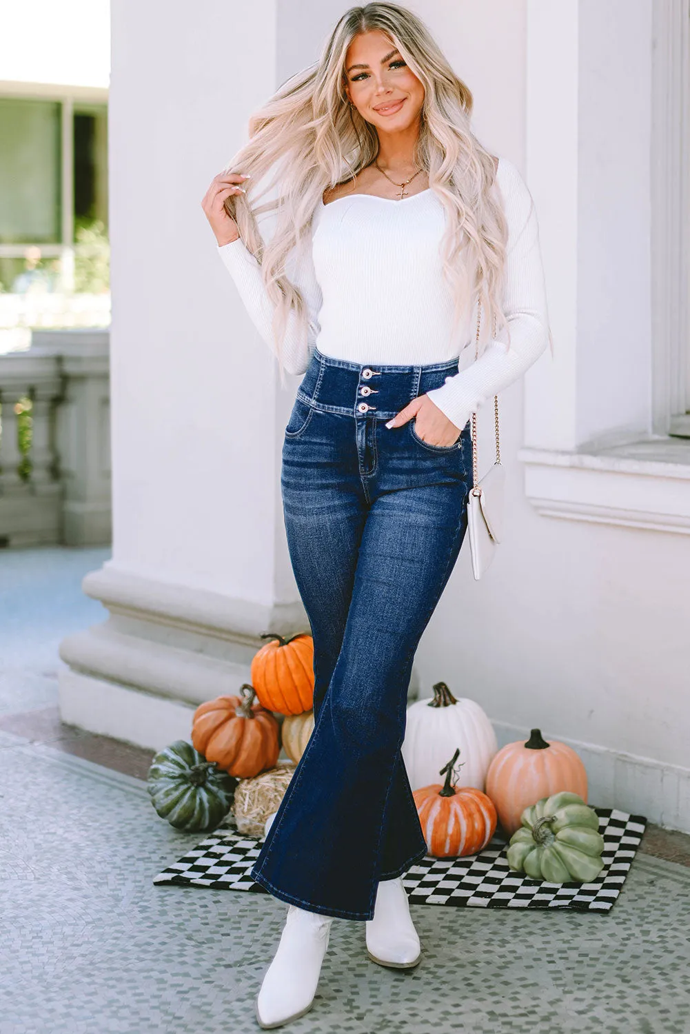 Elastic Wide Waistband Flare Jeans