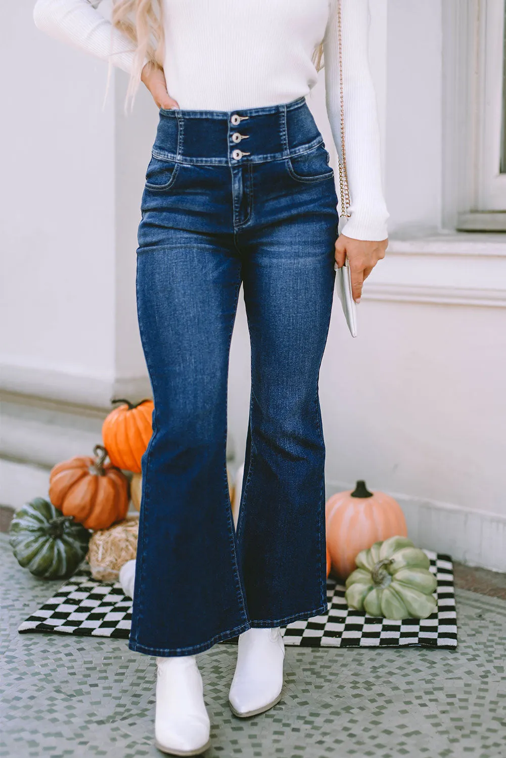 Elastic Wide Waistband Flare Jeans