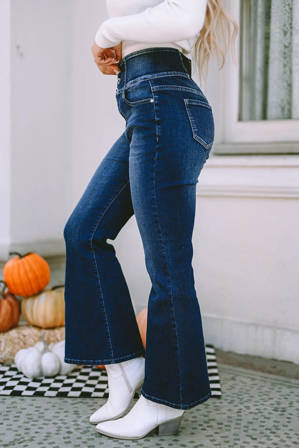 Elastic Wide Waistband Flare Jeans