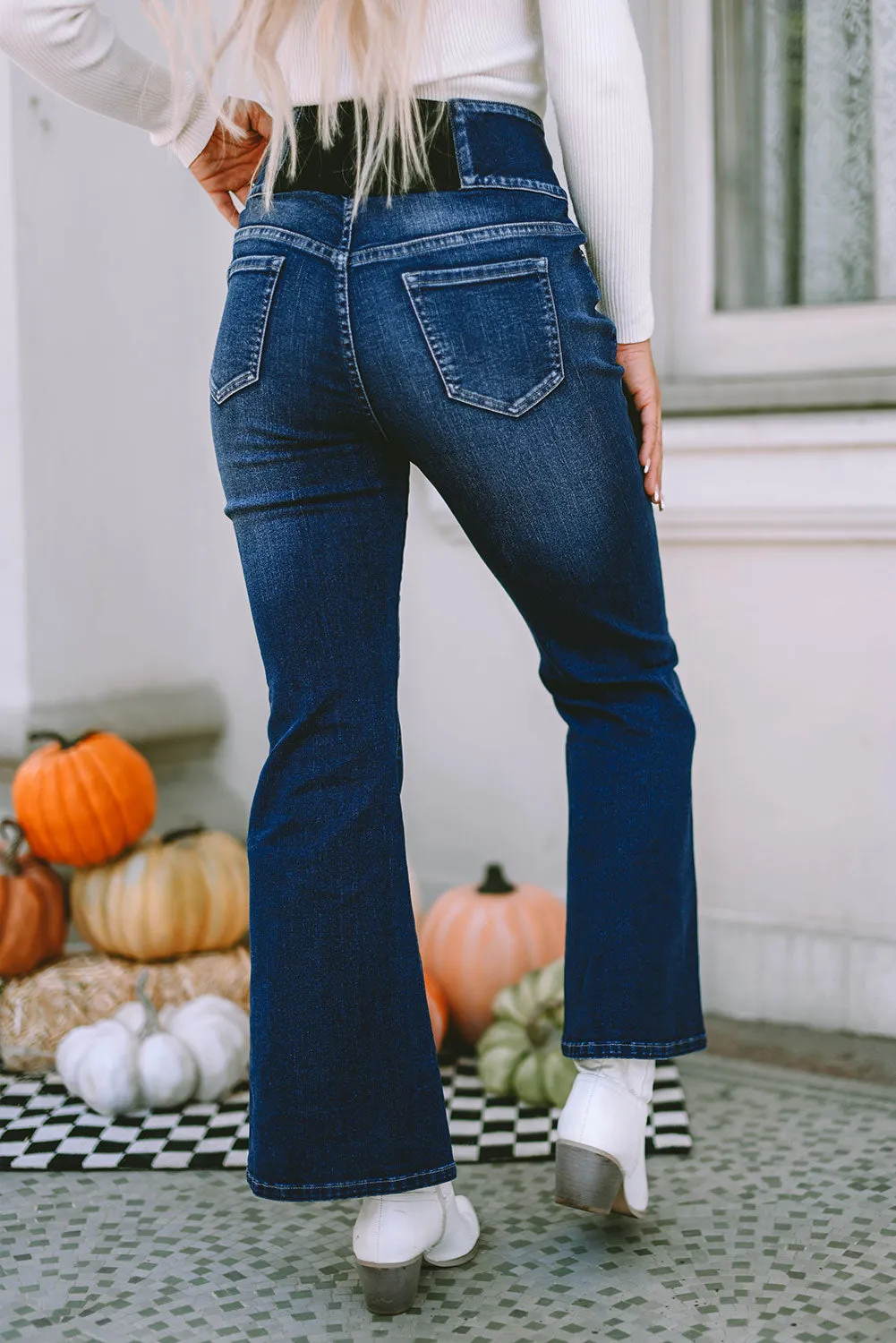 Elastic Wide Waistband Flare Jeans