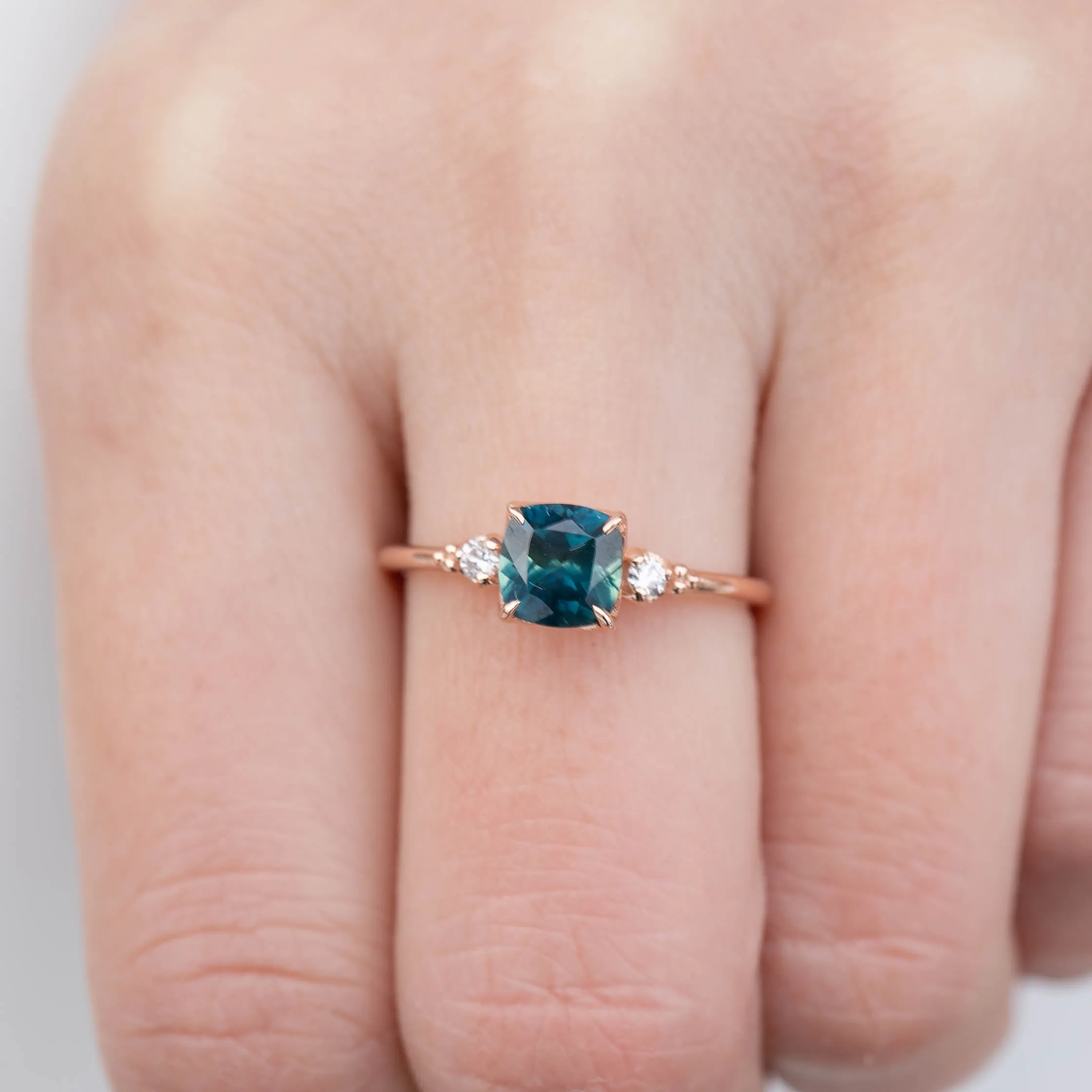 Estel Ring - 1.31ct Cushion Cut Dark Teal Montana Sapphire, 14k Rose Gold (One of a kind)