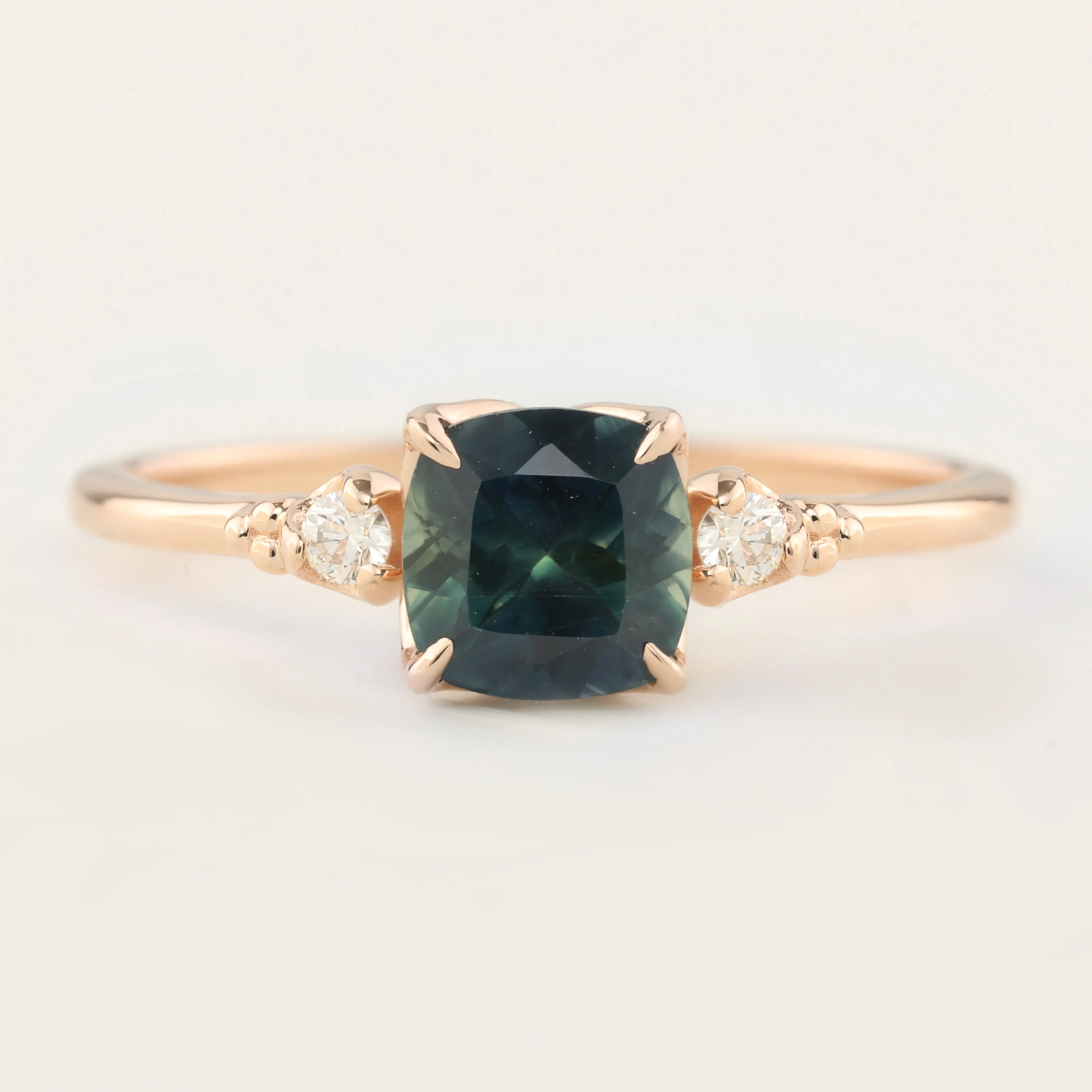 Estel Ring - 1.31ct Cushion Cut Dark Teal Montana Sapphire, 14k Rose Gold (One of a kind)