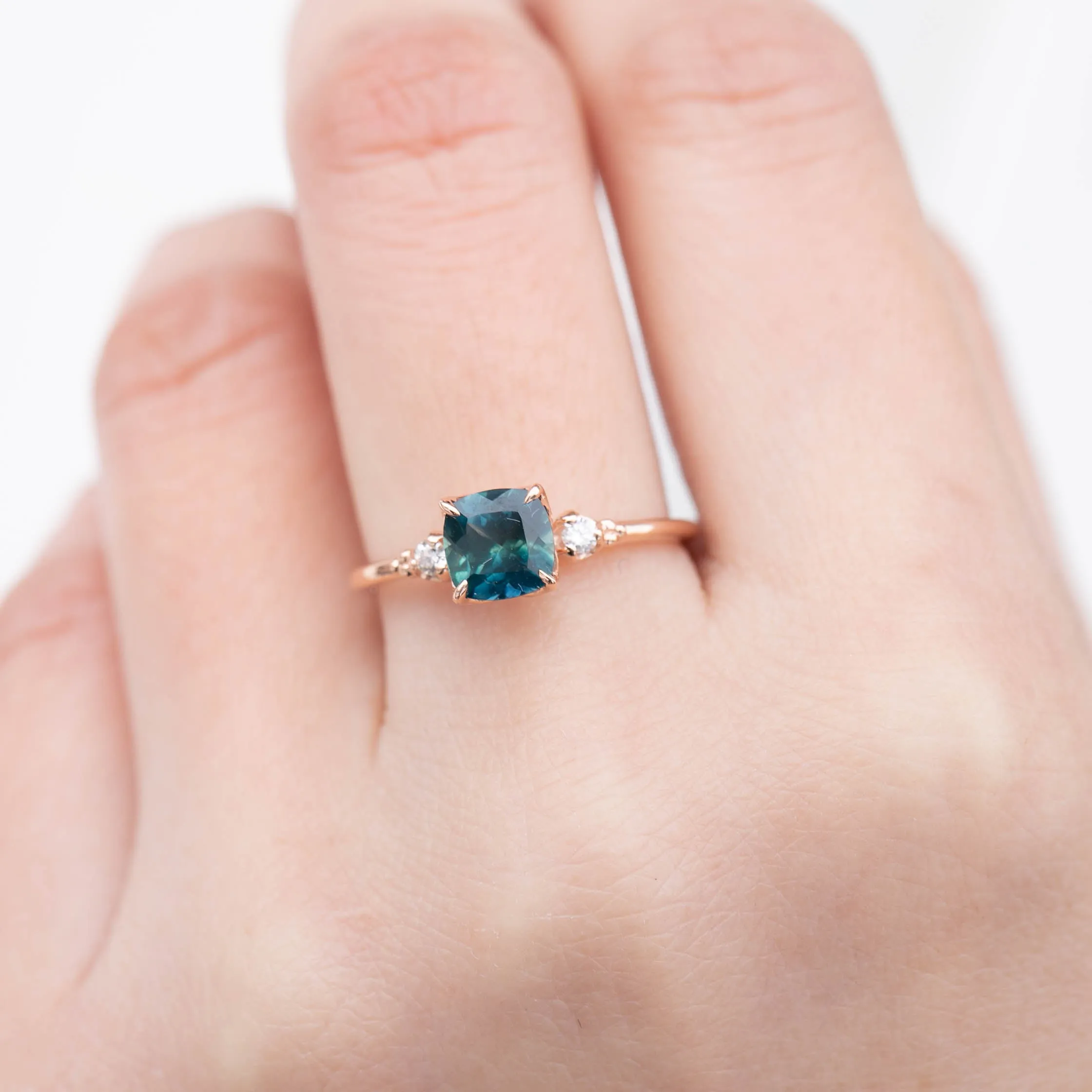 Estel Ring - 1.31ct Cushion Cut Dark Teal Montana Sapphire, 14k Rose Gold (One of a kind)