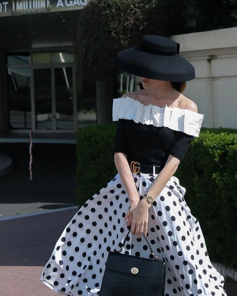 Fans Look of Polka Dots Swing Skirt with Belt Elastic High Waist Buttons Decorated Skirt