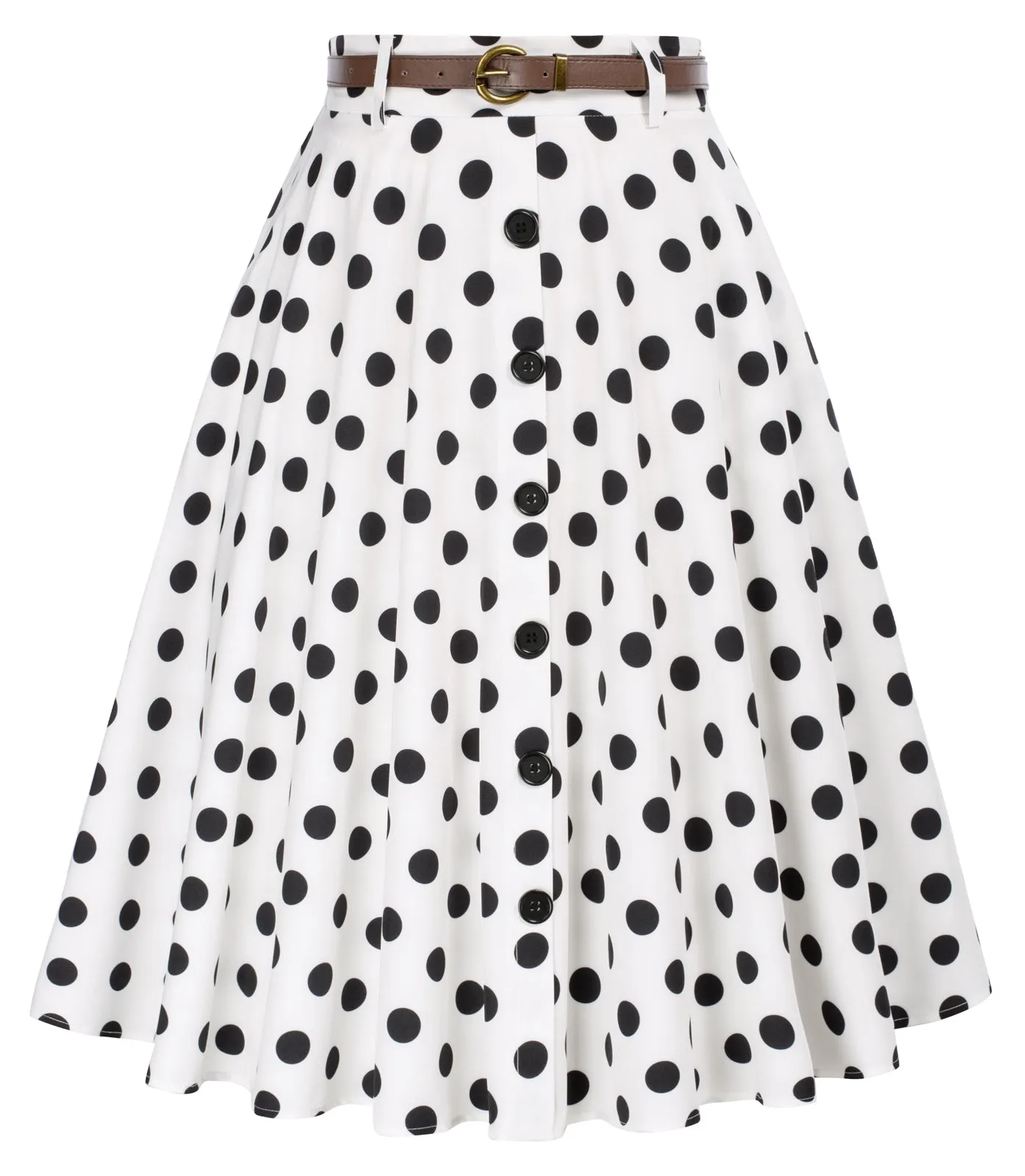 Fans Look of Polka Dots Swing Skirt with Belt Elastic High Waist Buttons Decorated Skirt