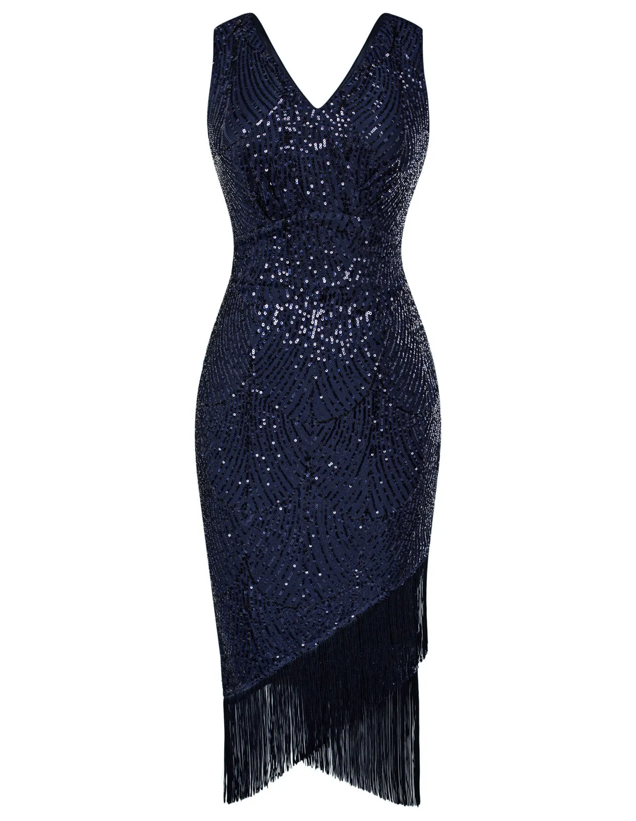 Fans Look of Sequined Party Dress Sleeveless V-Neck Tassel Decorated Wrap Hem Dress