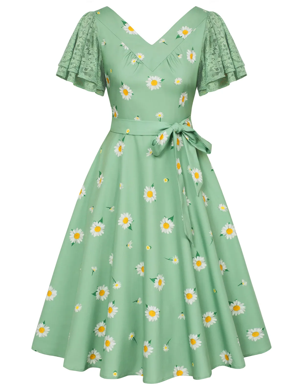 Fans Look of Summer Short Puff Sleeve Cocktail Dress Vintage V-Neck A Line Swing Dresses with Belts