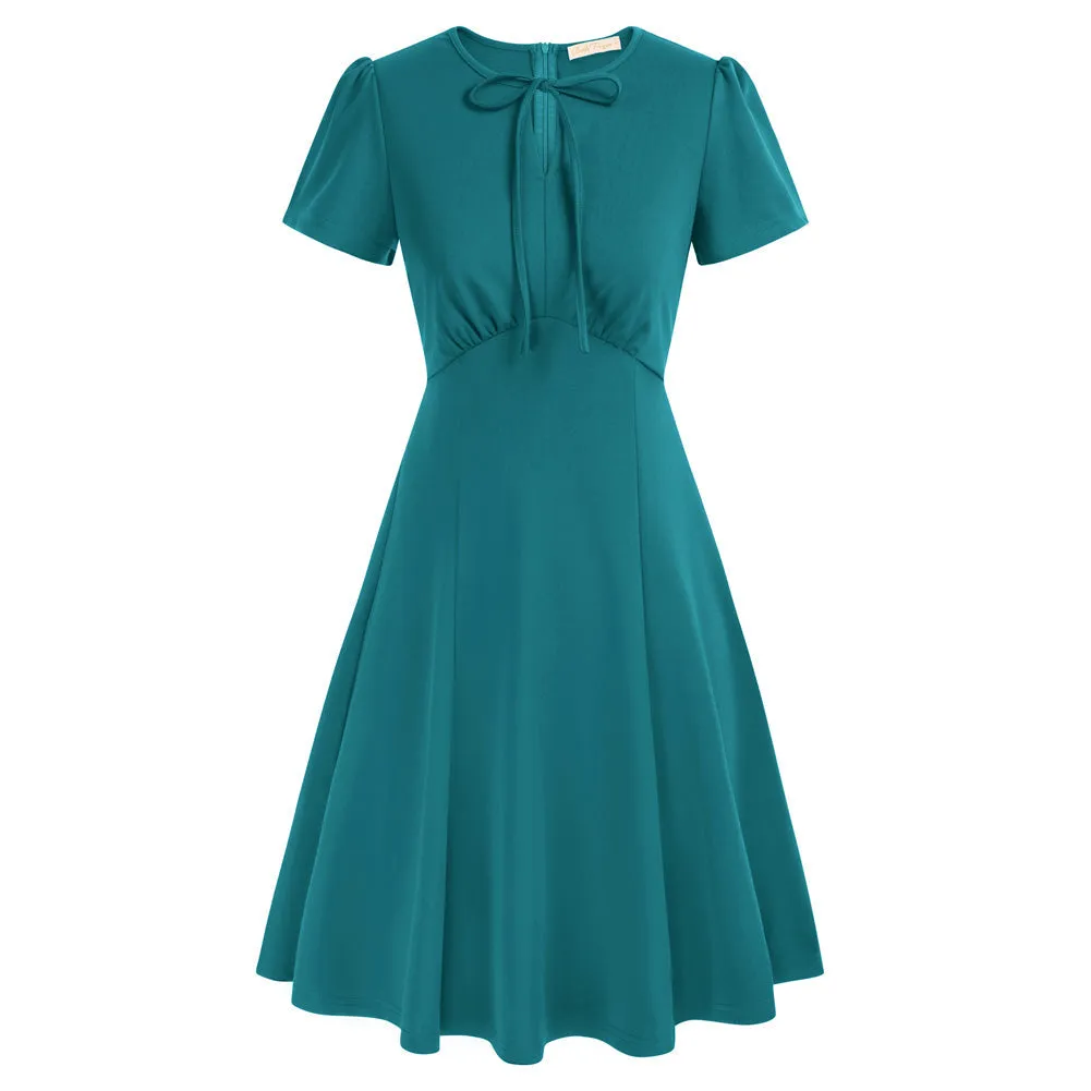 Fans Look of Vintage A-Line Swing Dress Keyhole Tie Dress Round Neck Work Dress Tea Dress