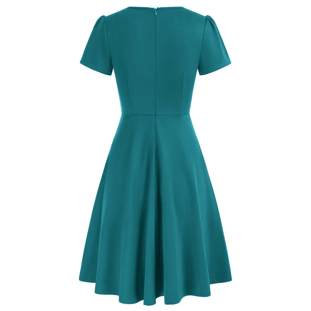 Fans Look of Vintage A-Line Swing Dress Keyhole Tie Dress Round Neck Work Dress Tea Dress