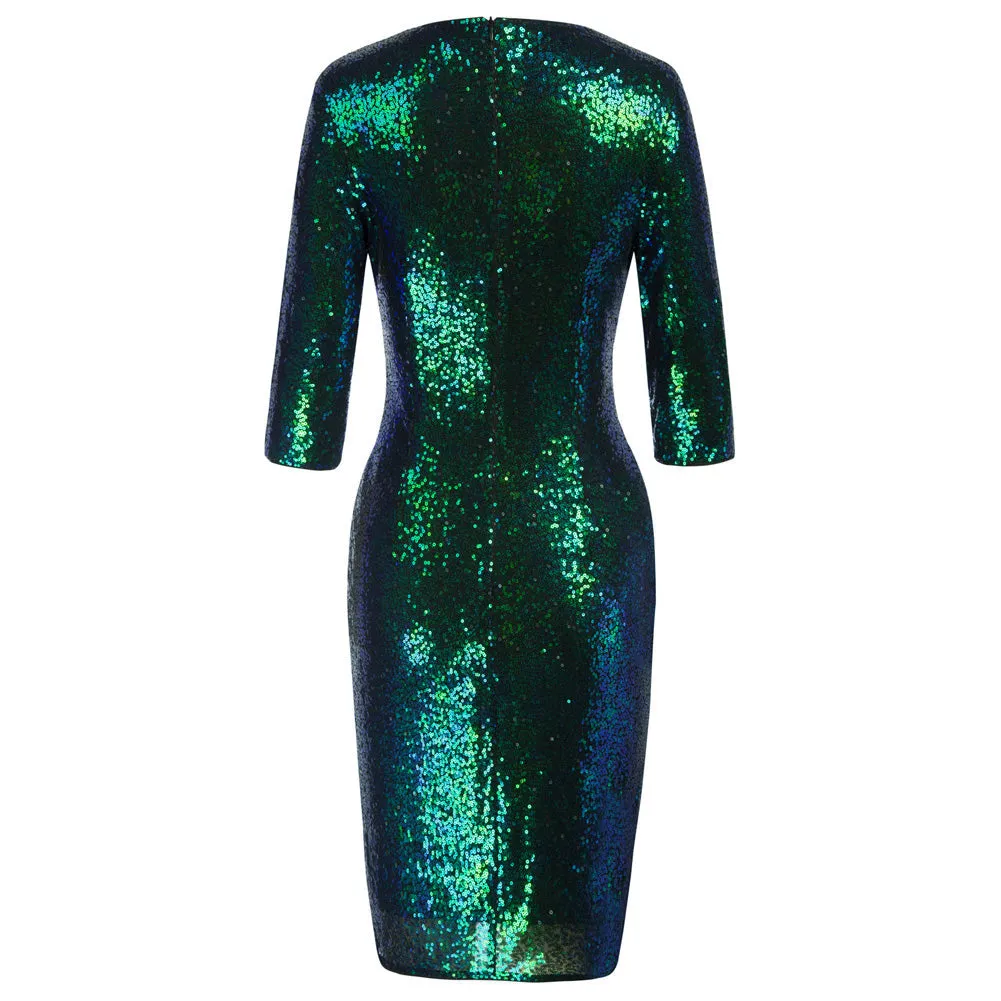 Fans Look of Vintage Sequins Bodycon Dress 3/4 Sleeve V-Neck Hips-wrapped Dress