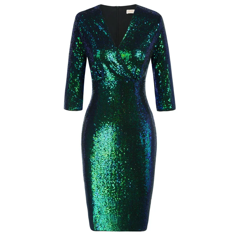 Fans Look of Vintage Sequins Bodycon Dress 3/4 Sleeve V-Neck Hips-wrapped Dress