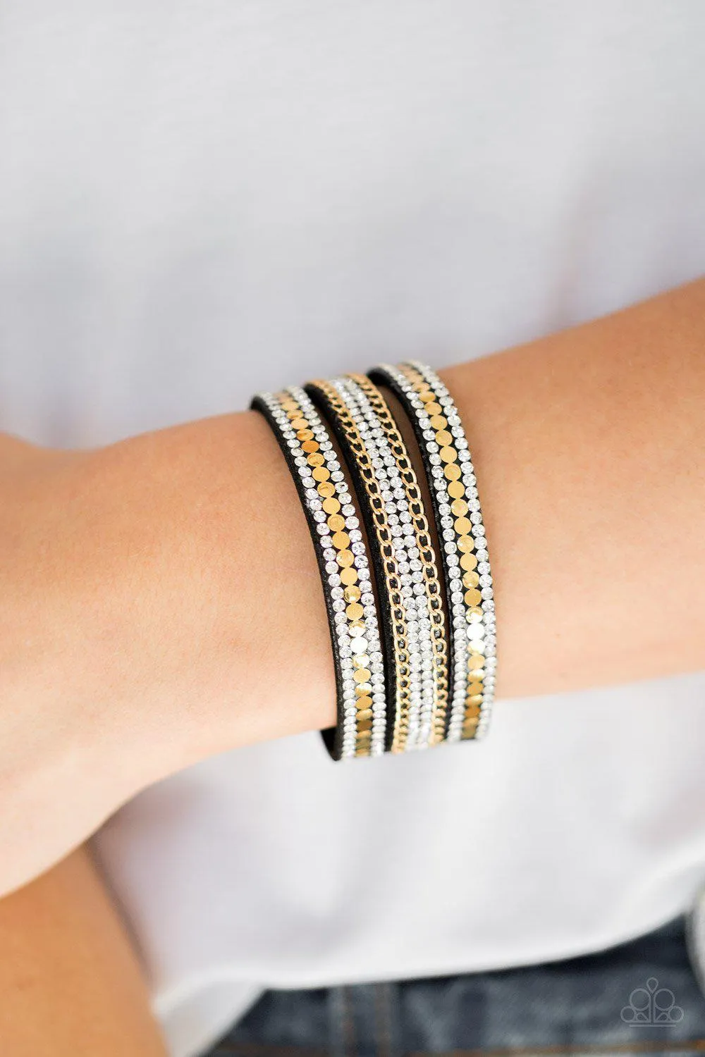 Fashion Fanatic Gold, White and Black Urban Wrap Snap Bracelet - Paparazzi Accessories