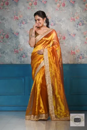 Elegant Banno Saree with Fiery Gold Zari on Tissue Fabric